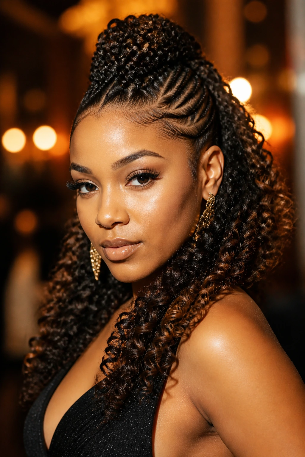 Close-up portrait of a woman with braided mohawk ending in curls at the ends