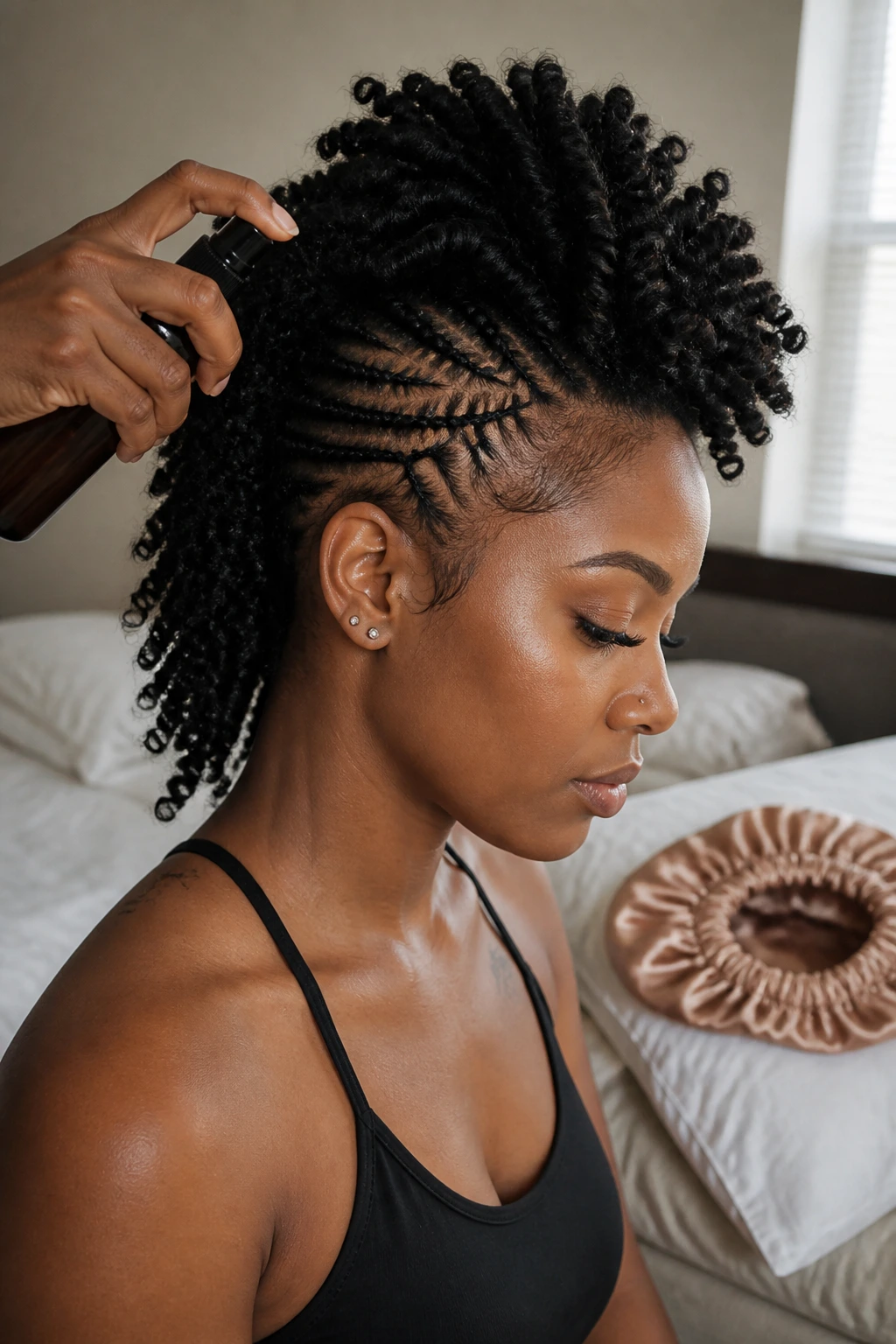 Close-up of a real Black woman with crochet mohawk while applying scalp spray in a bedroom.