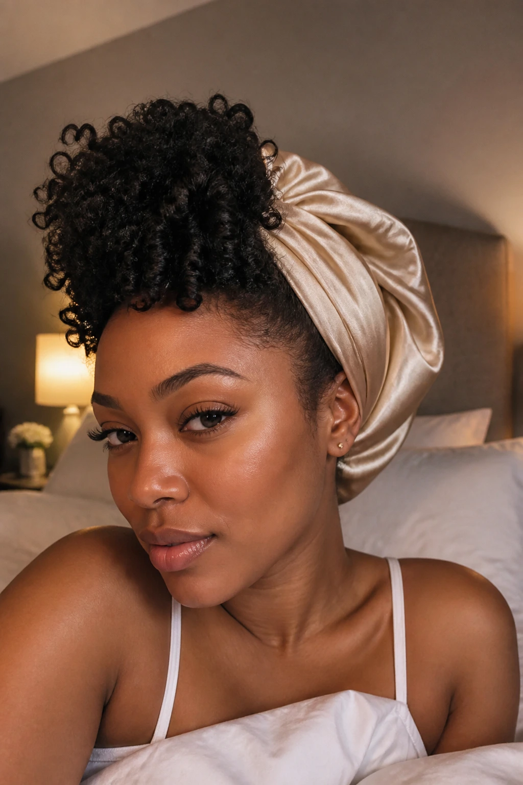 Portrait of a Black woman with a tall Mohawk under a satin buff in a dim bedroom