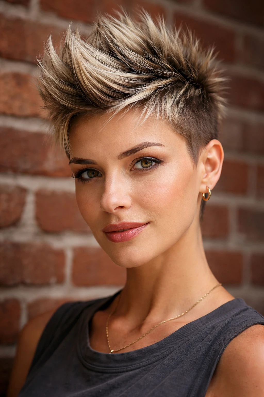 Close-up of a real person with mohawk-inspired pixie silhouette.