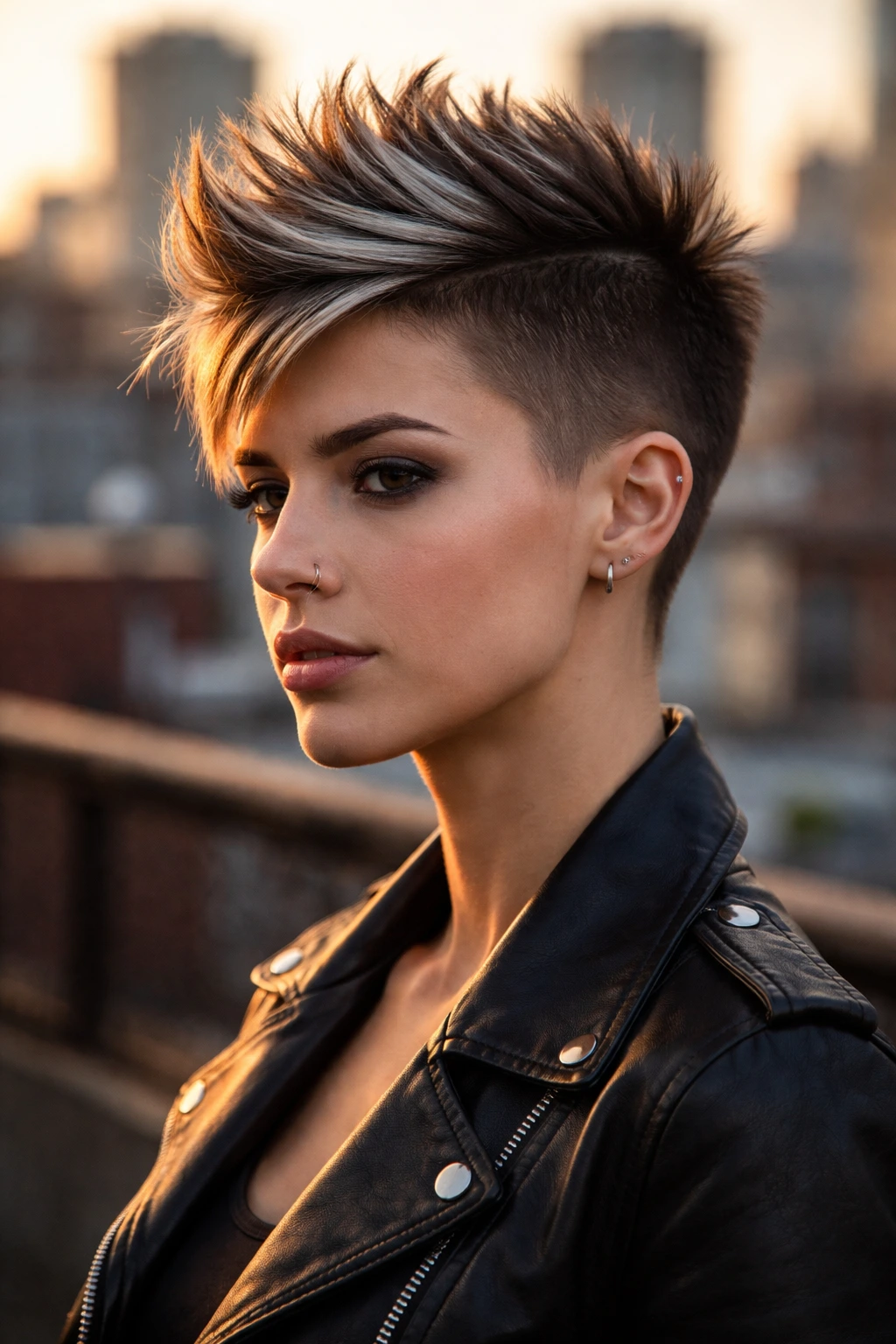 Real woman with a faux hawk pixie, center strip longer, urban backdrop.