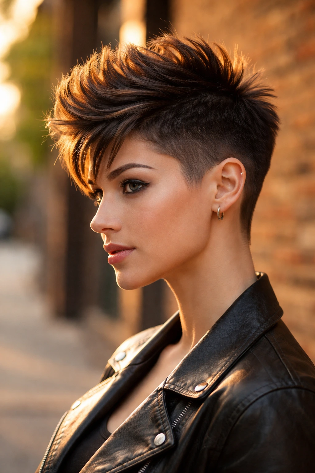 Portrait of a person with a mohawk-inspired pixie and a lifted center ridge.