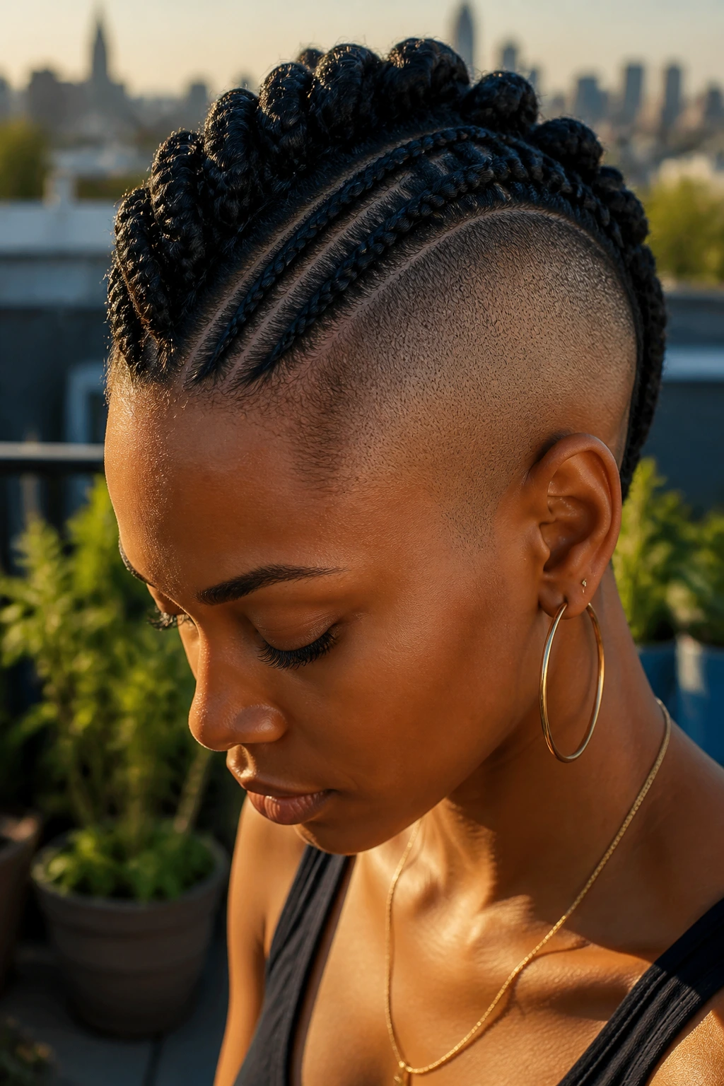 Portrait of a person with shaved sides and central mohawk