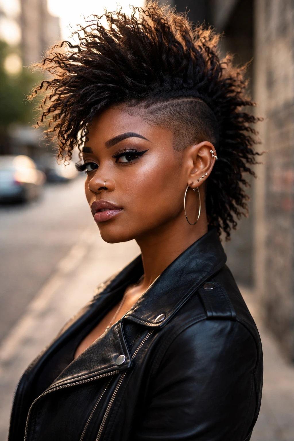 Portrait of a real person with a shaved-sides mohawk on an urban street.
