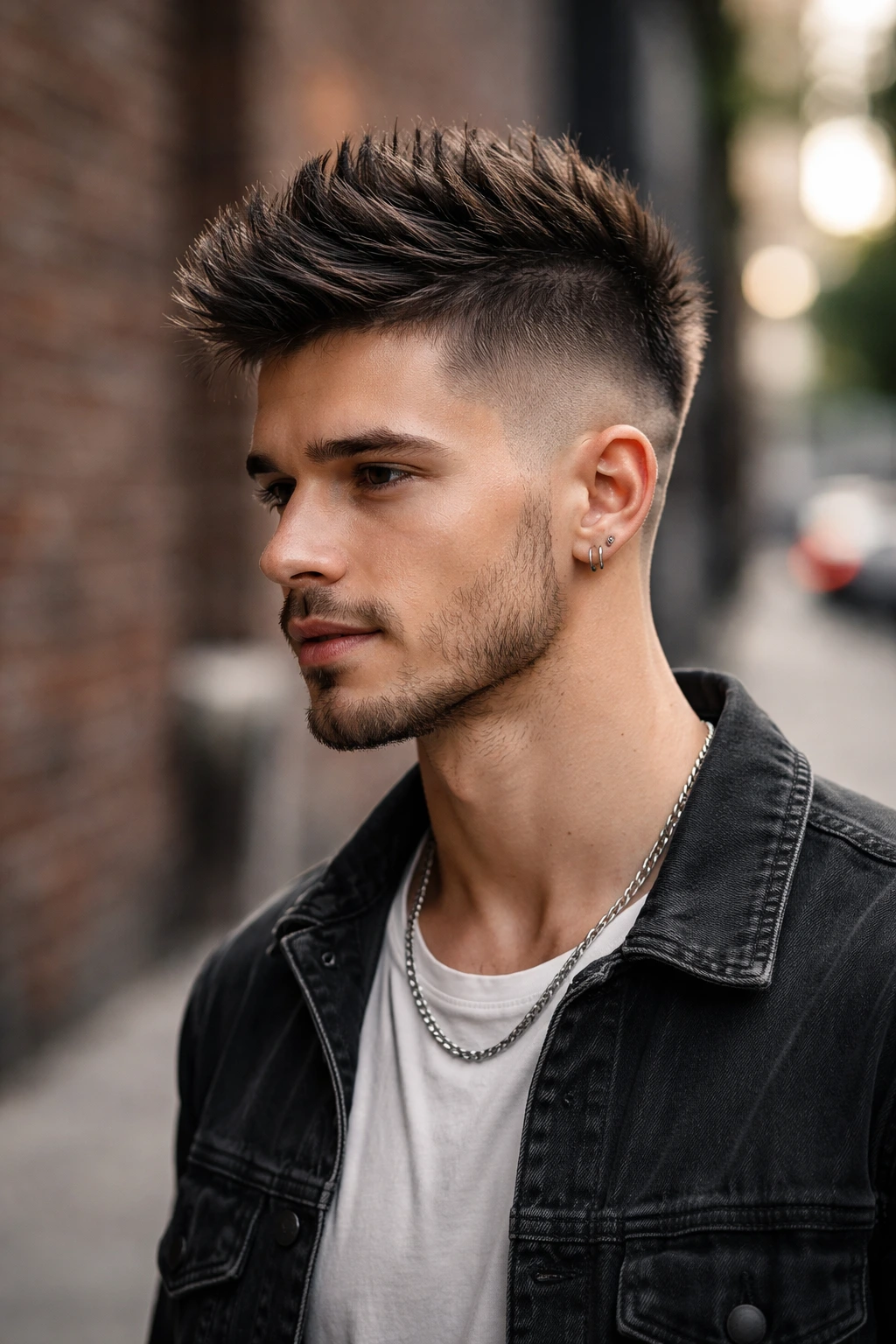 Close-up of a man with a Mohawk-style crop against a brick wall