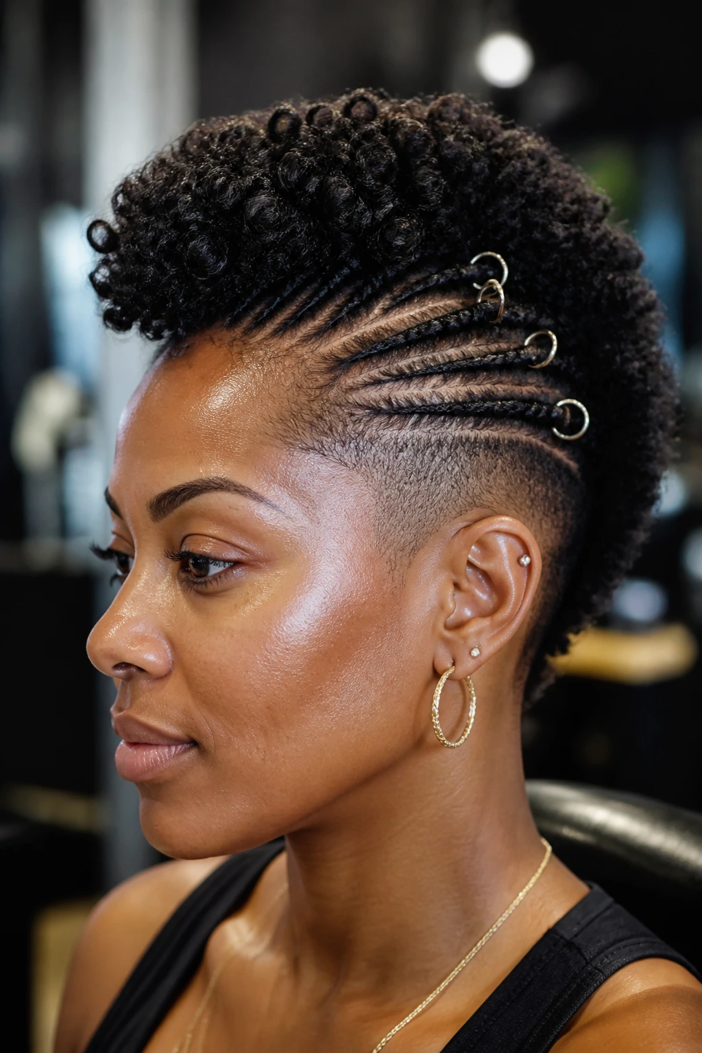 Portrait of a real person with mohawk, tapered fade, and ring accessories