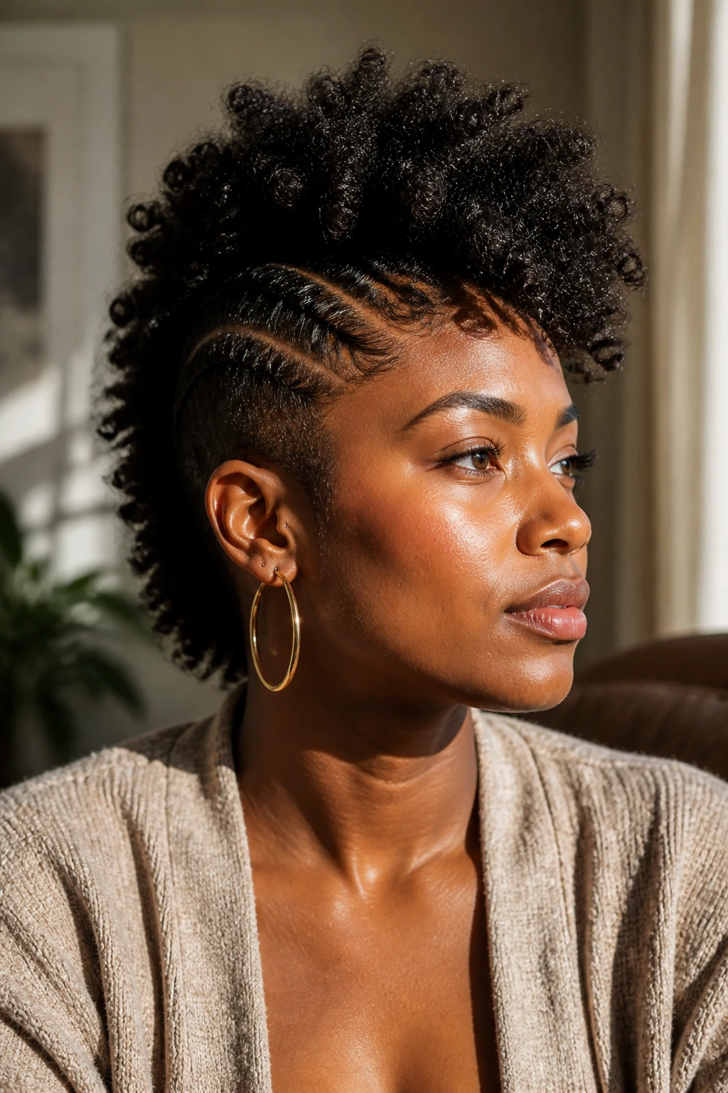 Thoughtful portrait of a person with a bold mohawk in a cozy room