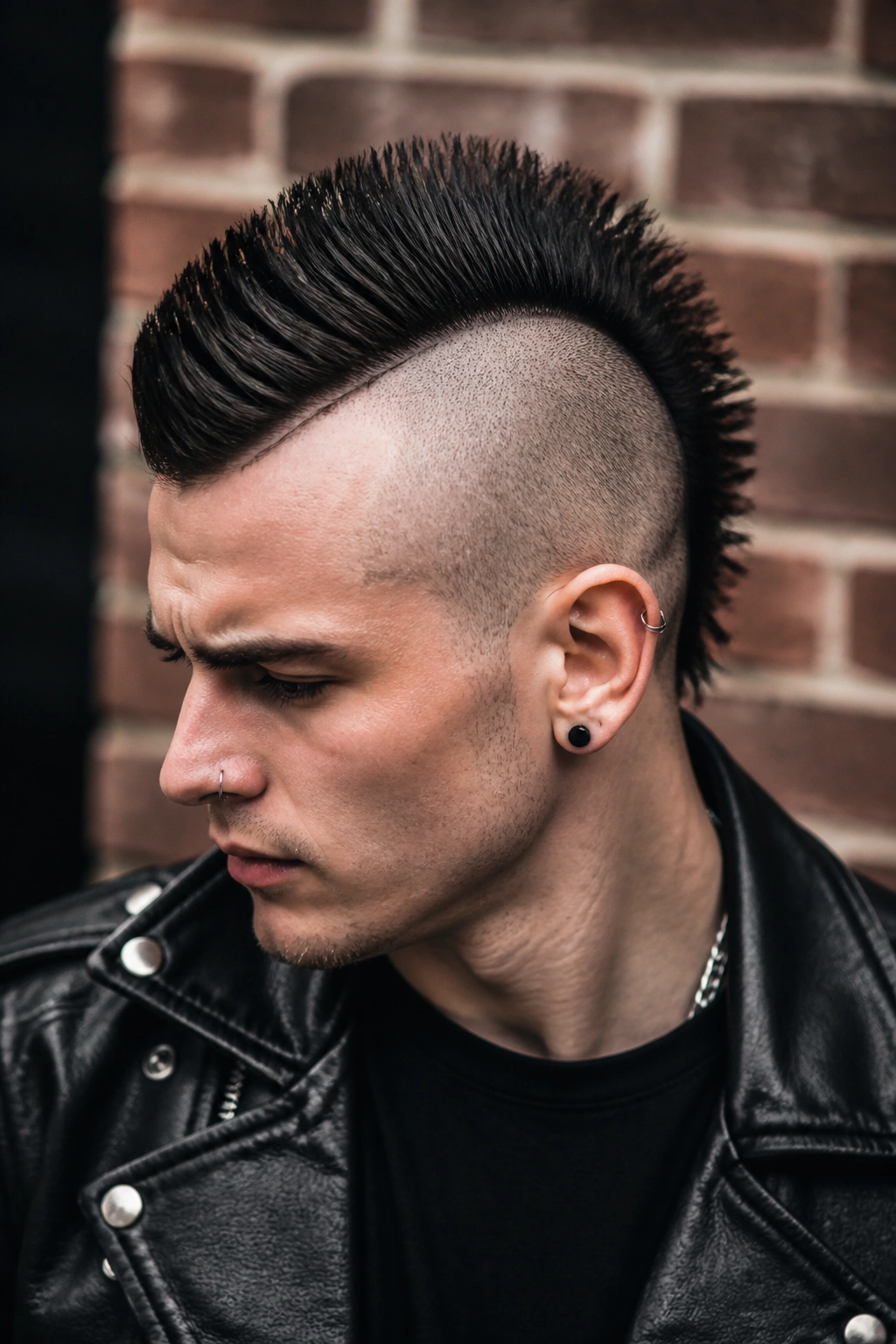 Close-up portrait of a person with a bold mohawk undercut and shaved sides against an urban backdrop