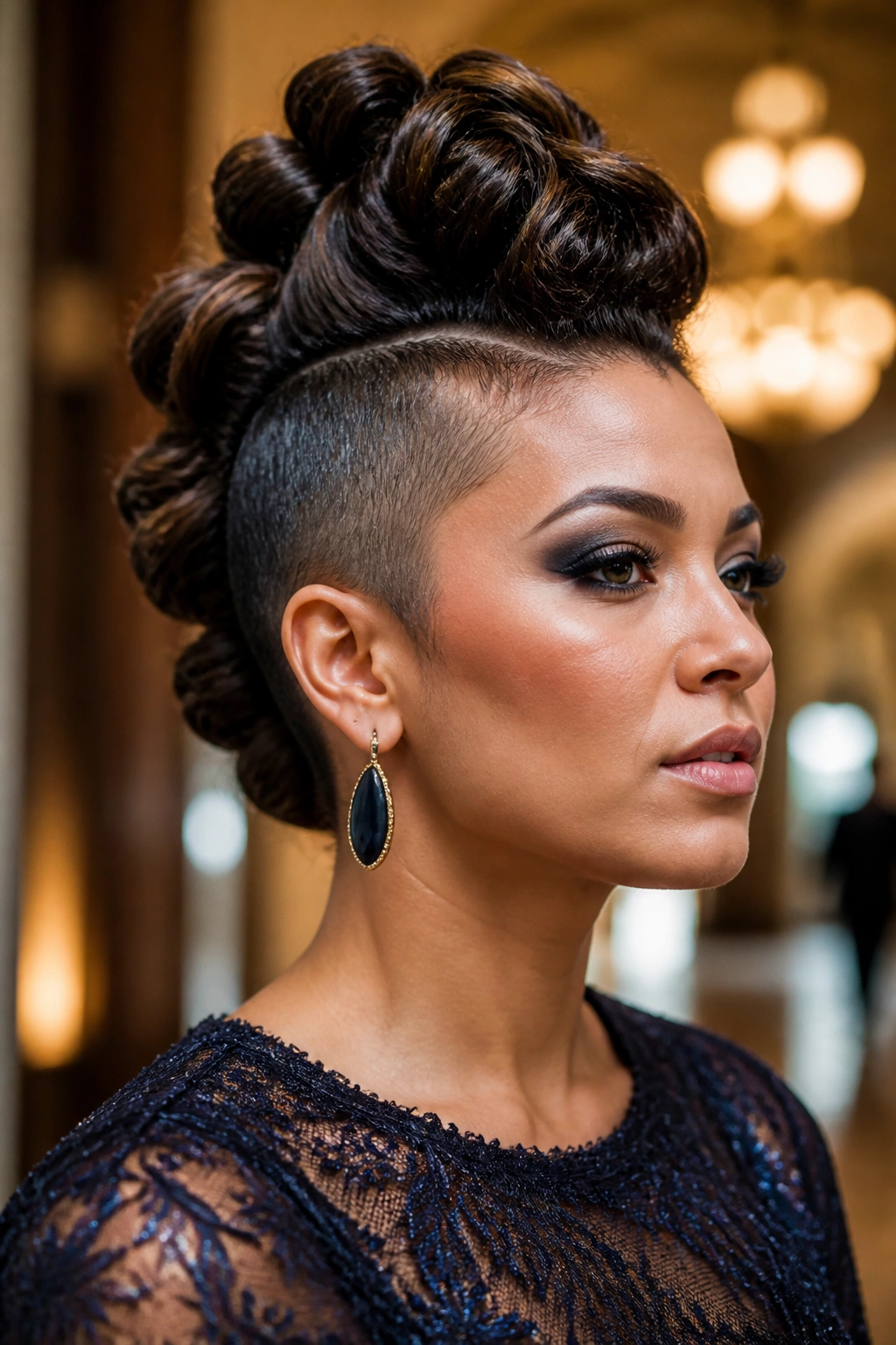 Close-up of real person with sculpted mohawk updo for formal events