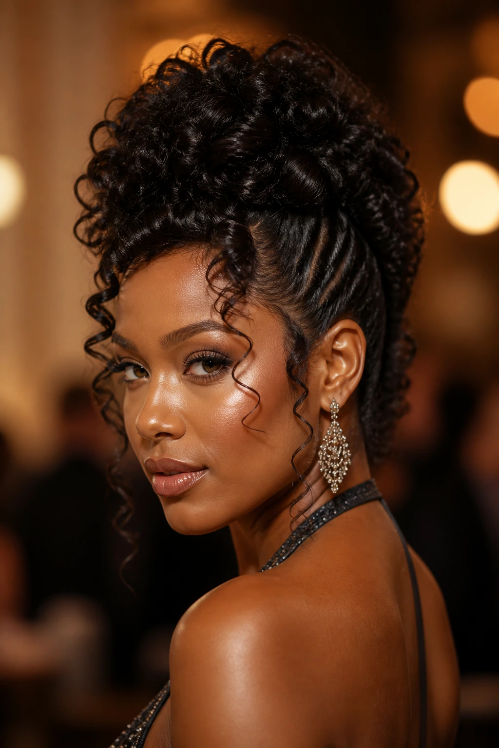 Close-up of a Black woman with a Mohawk updo and tendrils at an evening event
