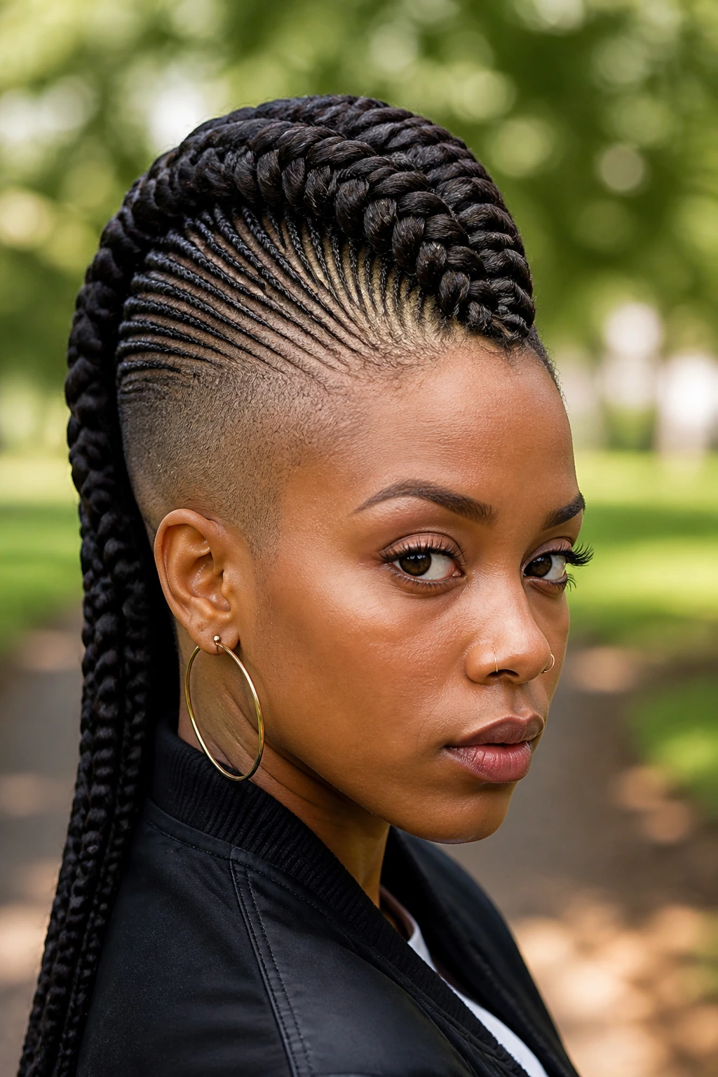Close-up of real person with Mohican style center braid