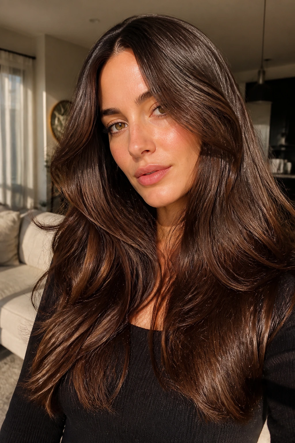 Real woman with molasses brown hair and warm amber undertones.