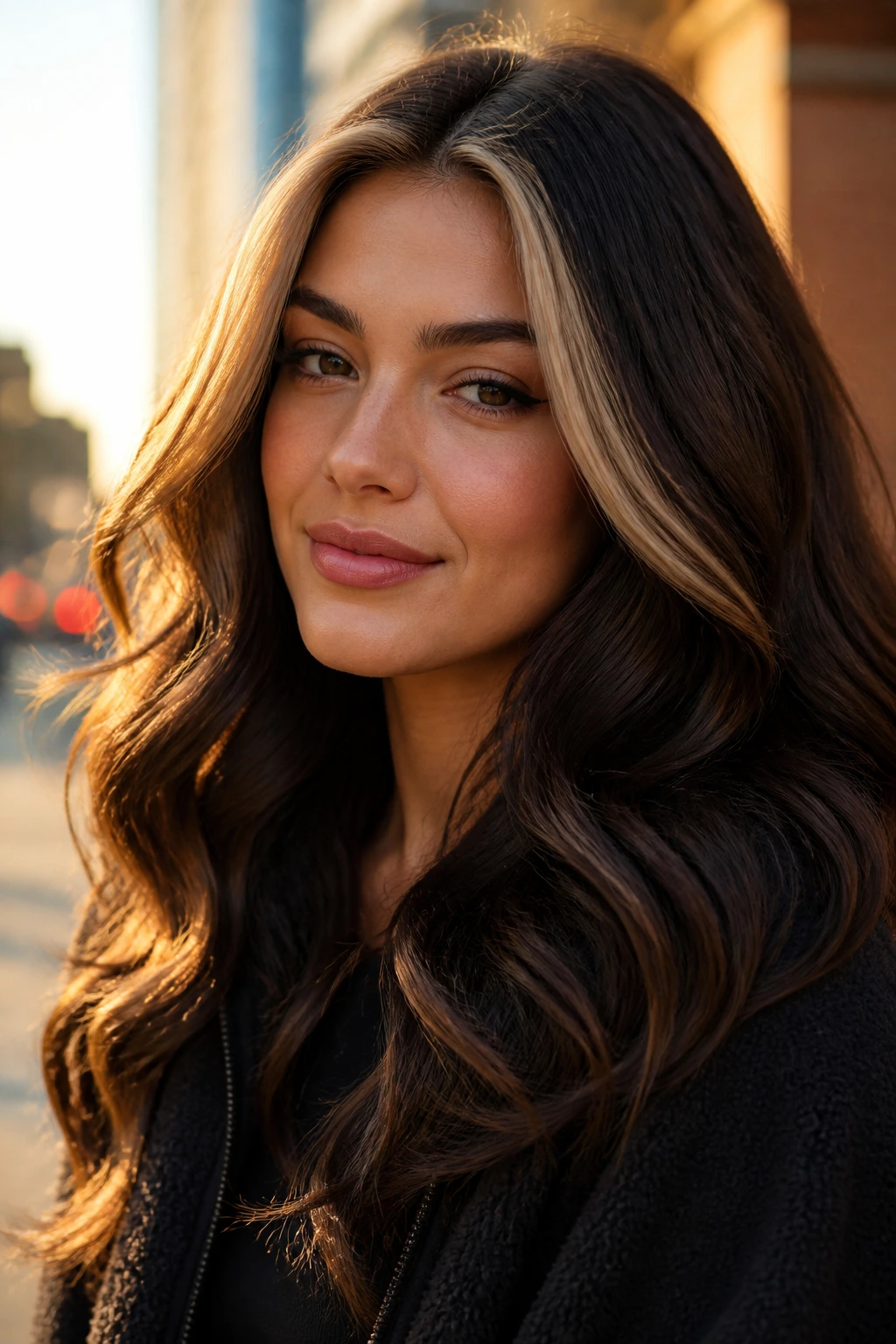 Close-up portrait showing a bright money piece at the front on brown hair.