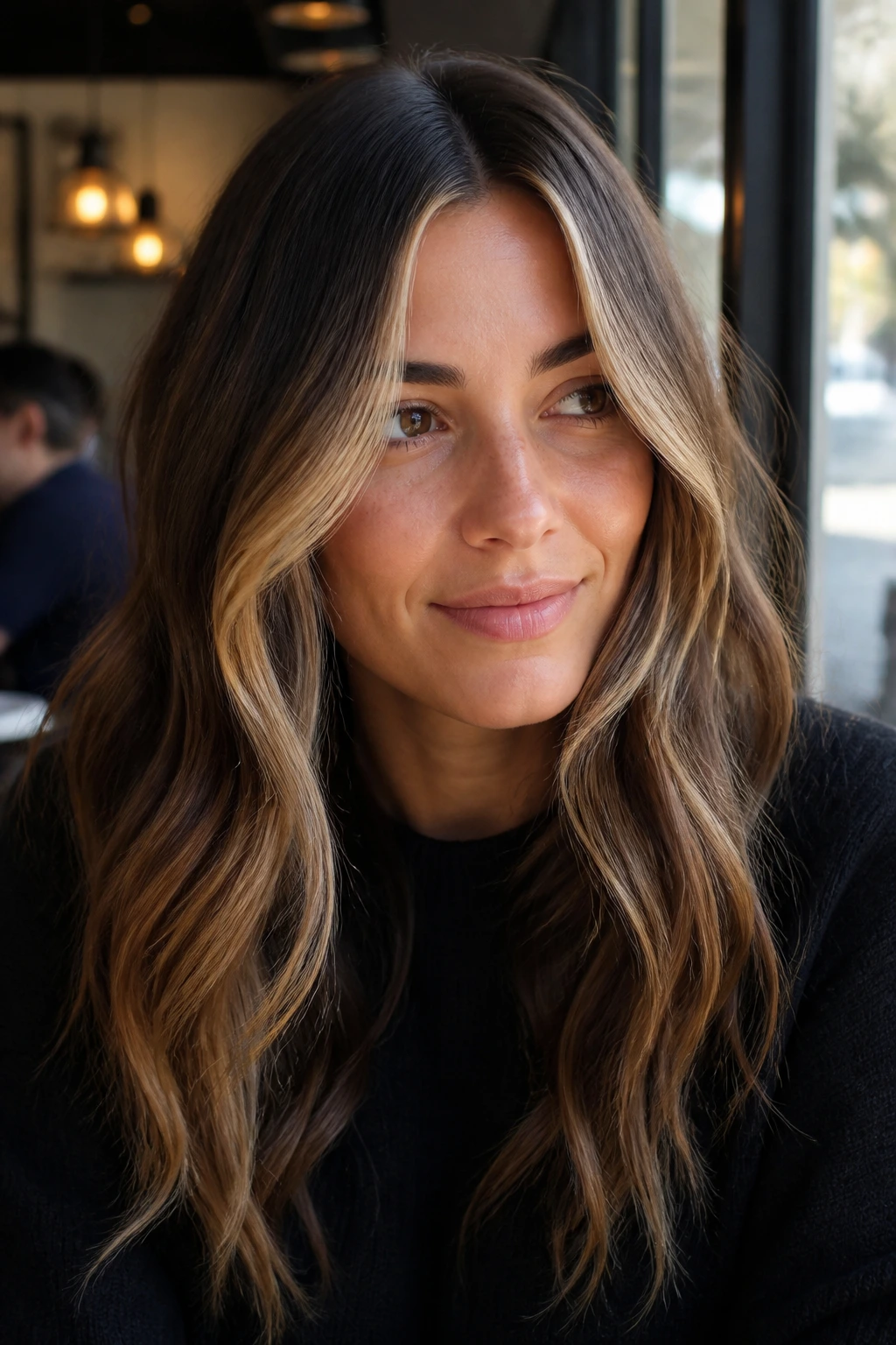 Close-up of a real woman with a money piece balayage around the face in waves