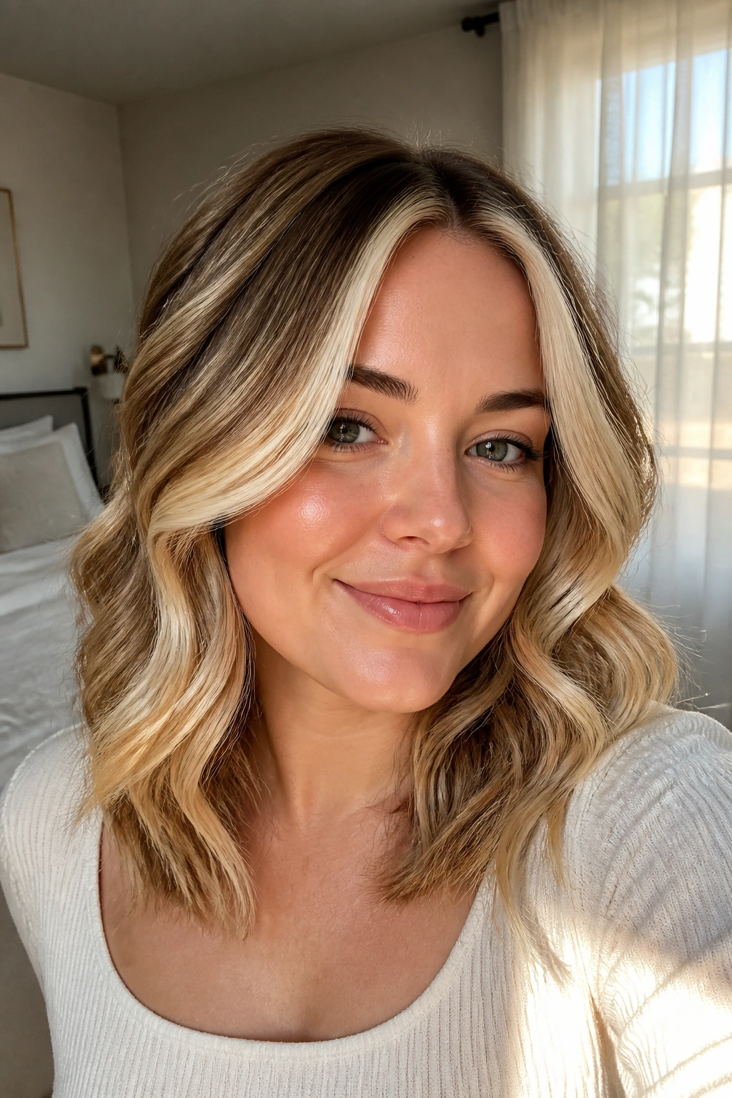 Close-up of money-piece balayage highlighting the face on a real woman with round face.