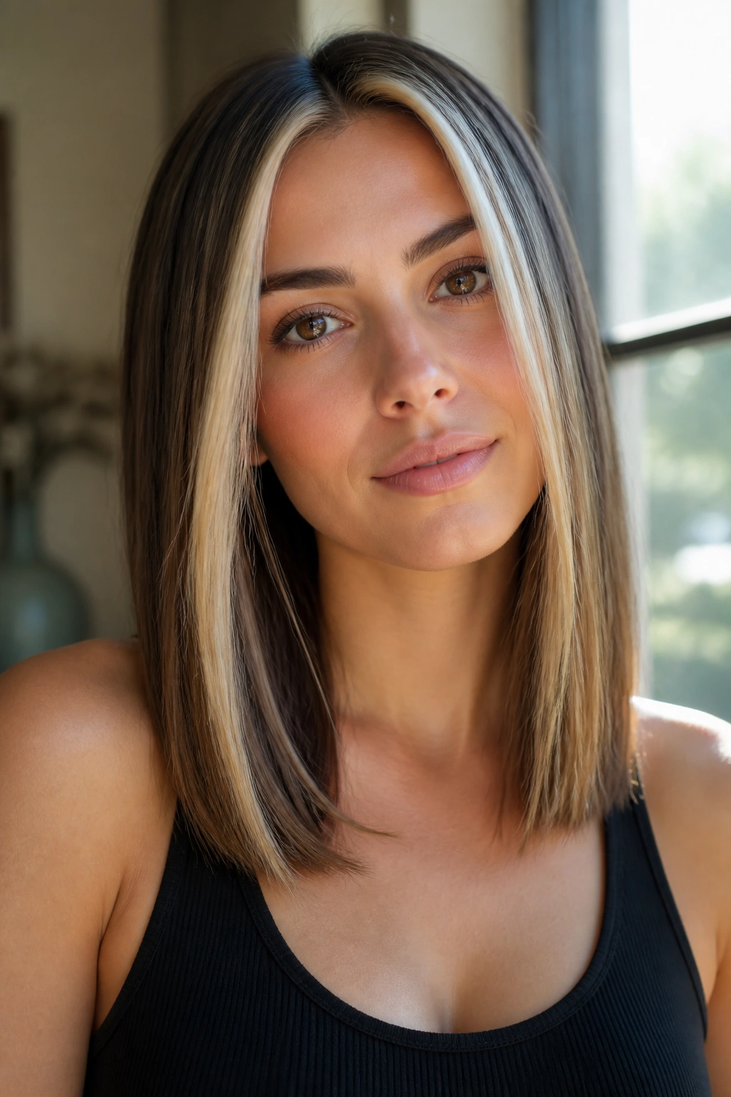 Close-up portrait of a woman with face-framing money-piece balayage on straight hair