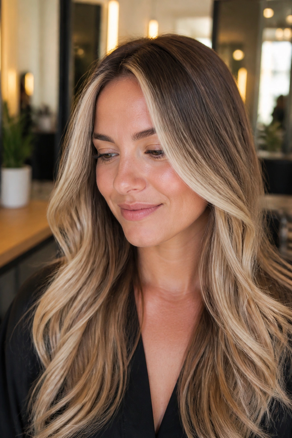 Close-up portrait of a real woman with money-piece front layers framing the face in caramel-blonde hair.