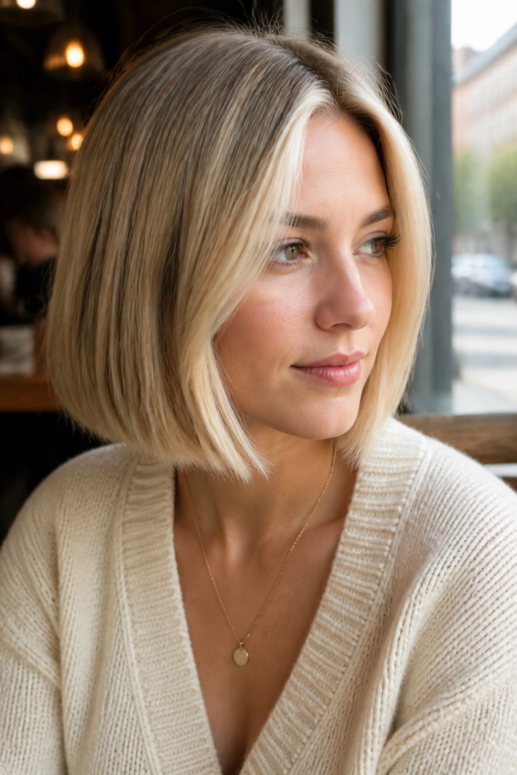 Portrait of a woman with money-piece blonde around the hairline.