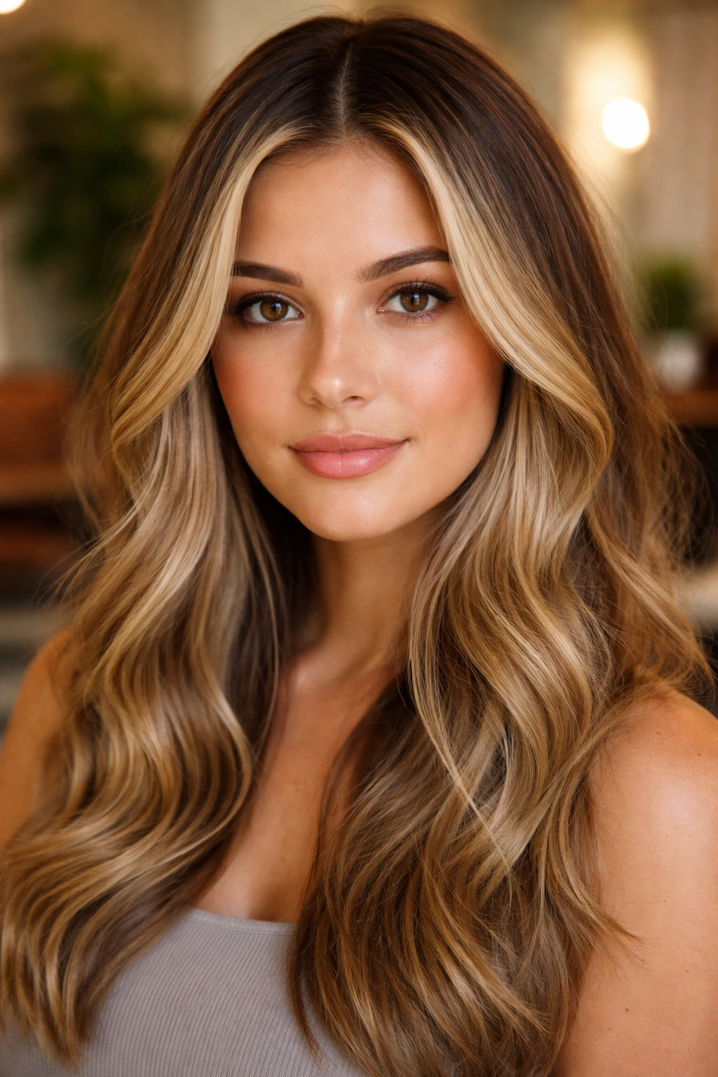 Close-up of a real woman with a face-framing money piece in soft salon light