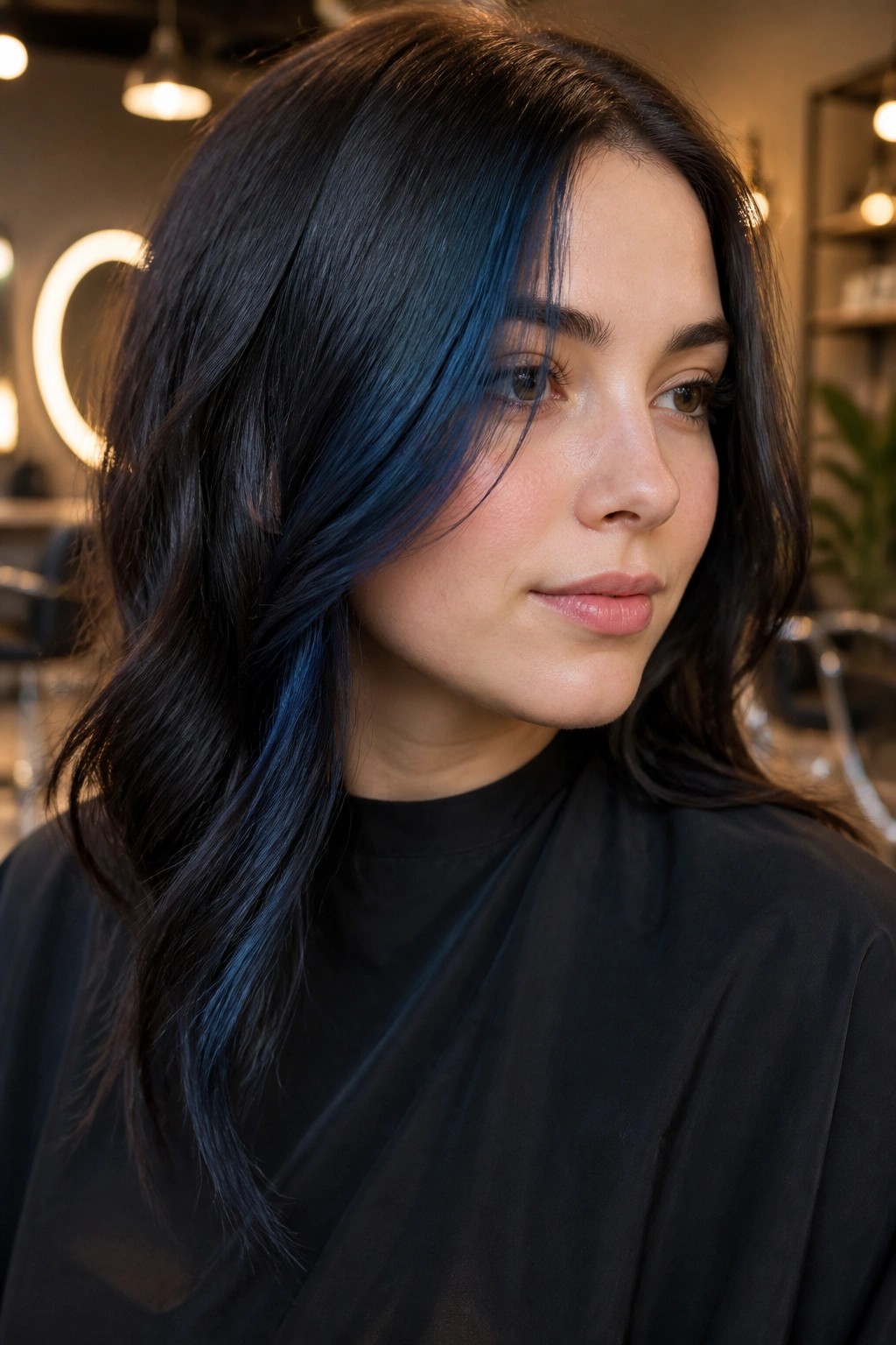 Close-up of a real woman with an off-center blue-black money piece on the front hair.