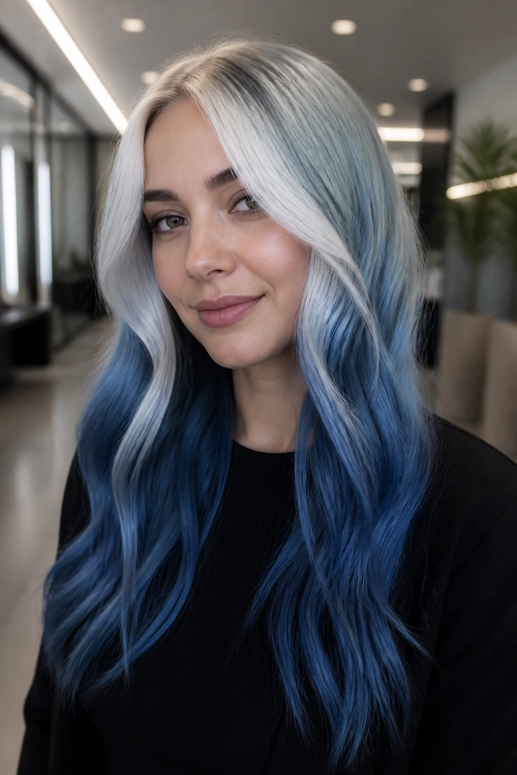 Close-up of real woman with white money piece and blue ombre in a salon