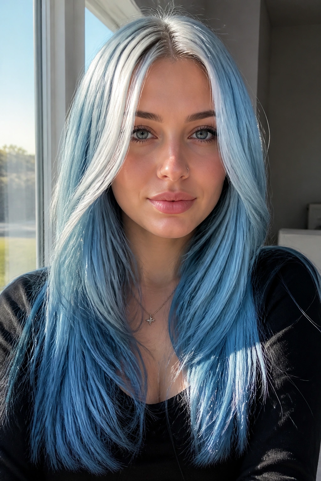 Close-up of a real woman with cool-toned blue-white money piece around the face