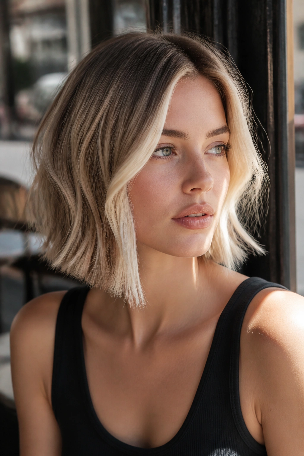 Portrait of real woman with bright money-piece face frame in blonde bob