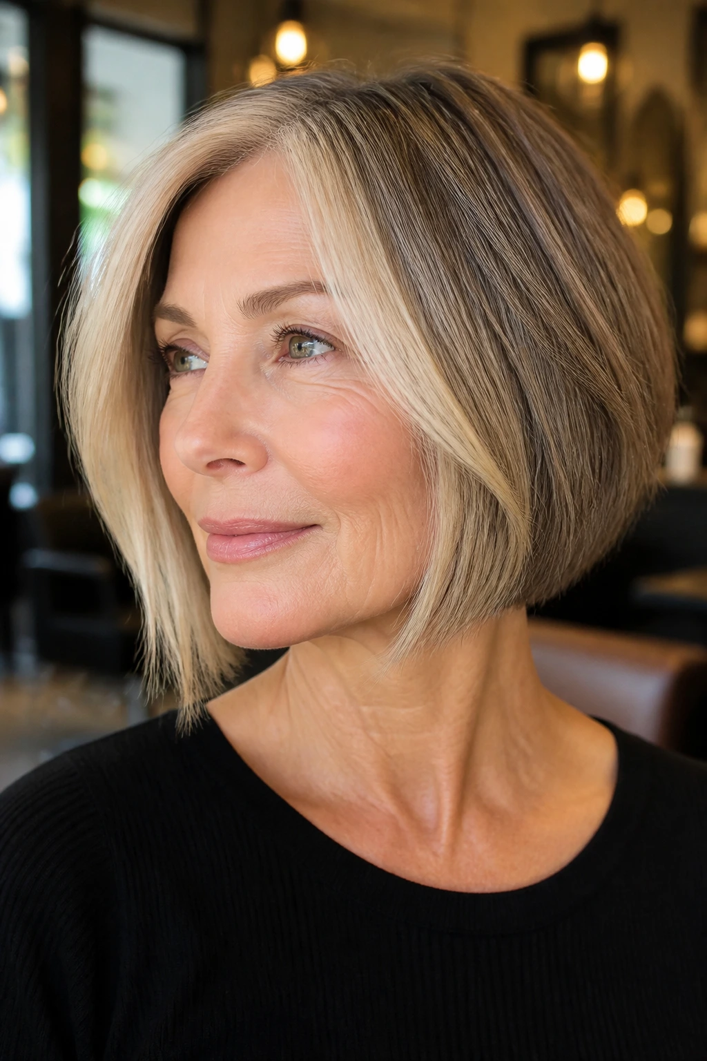 Close-up portrait of a real woman with sandy money piece on chin-length bob