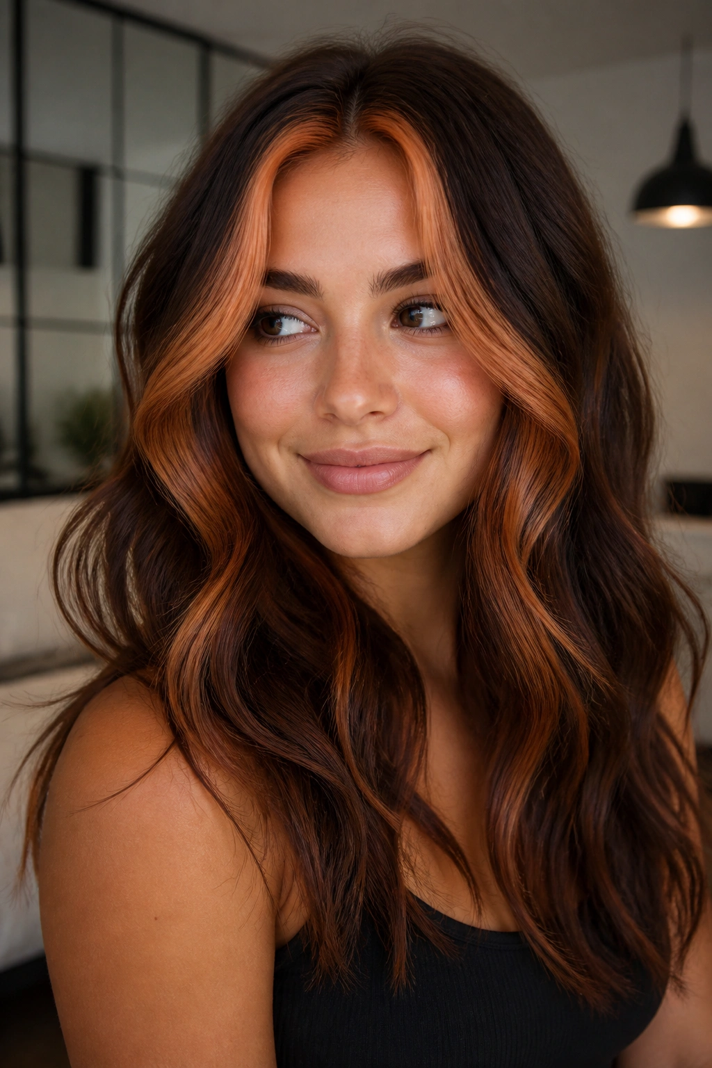 Close-up of face-framing bright strawberry money piece on brunette hair