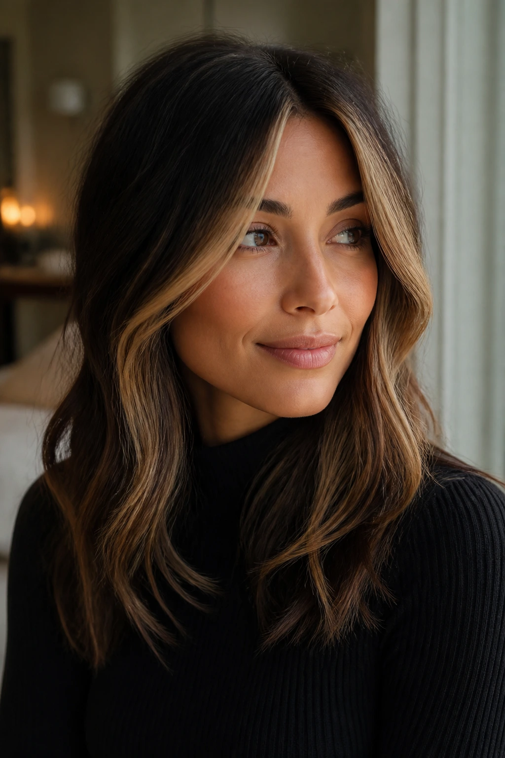 Close-up of brunette with a face-framing money piece near the front hairline