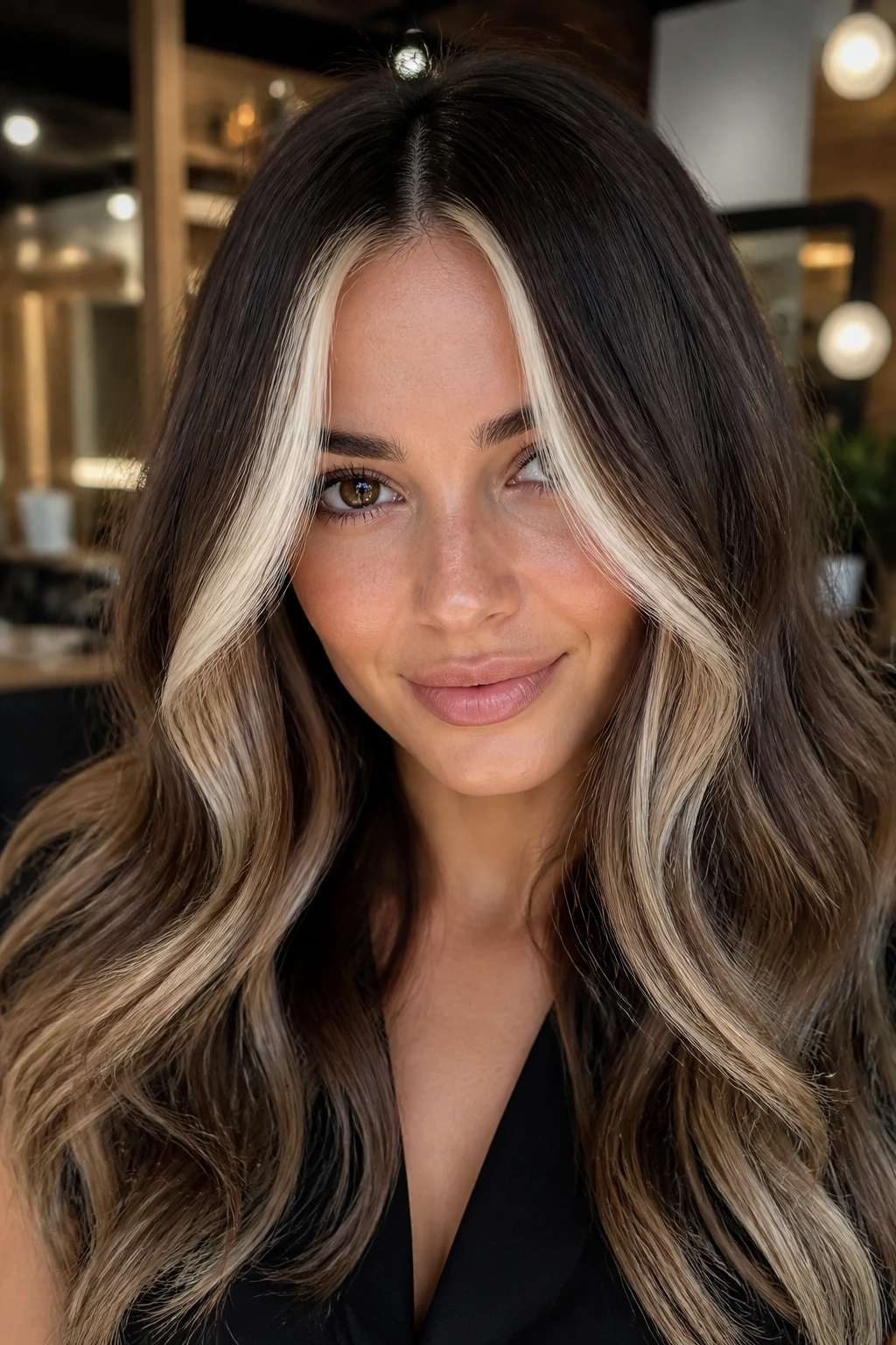 Close-up of a real woman with a bright money piece and deep brunette roots