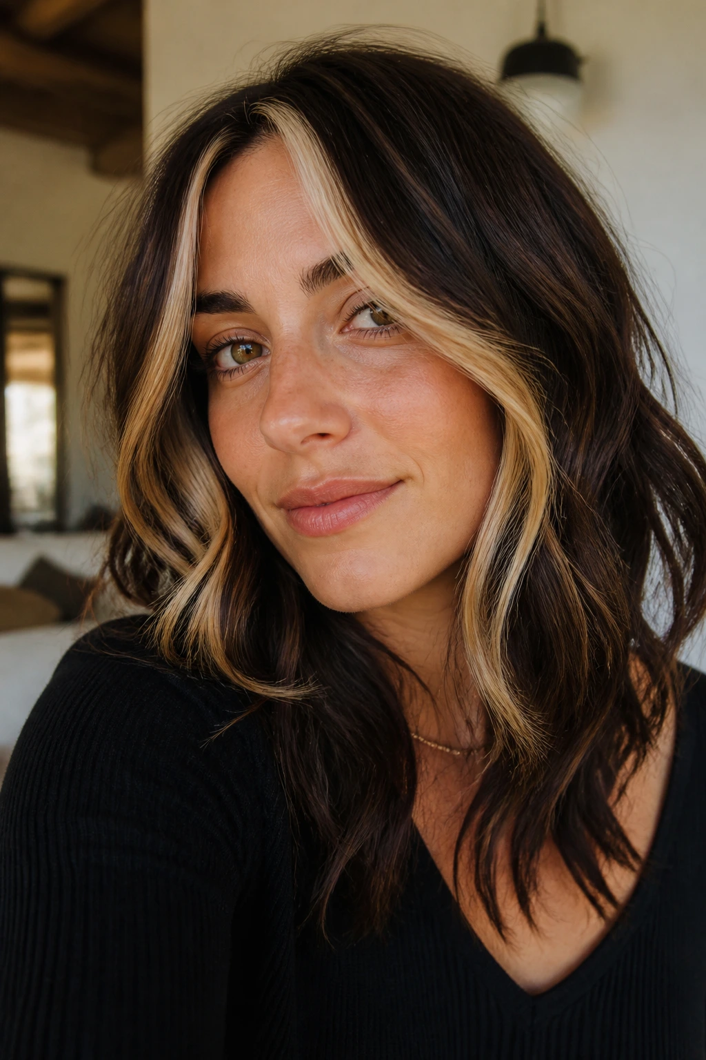 Close-up of a real woman with brunette shag and a bright money piece framing the face