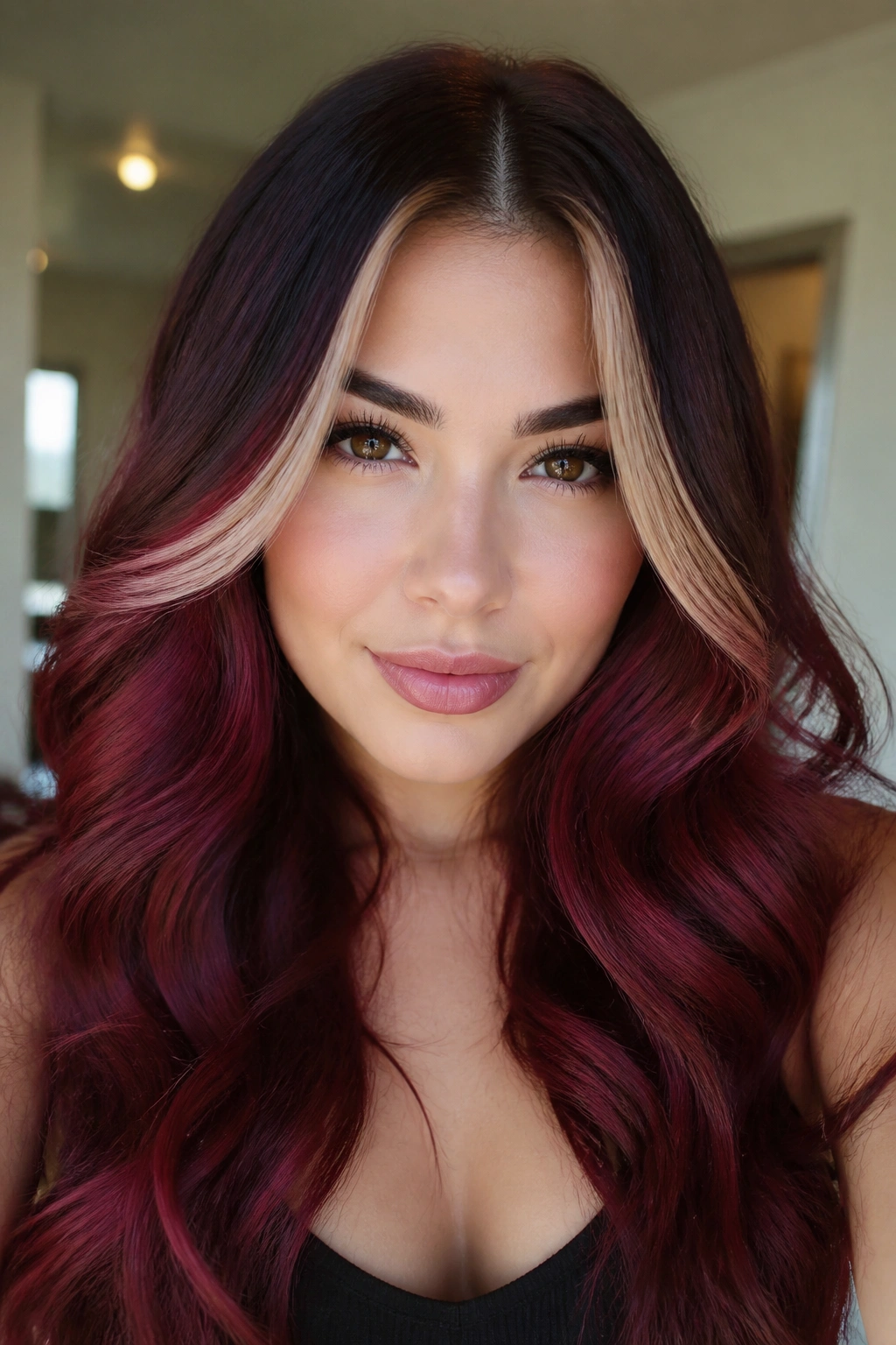 Money piece brightened strand against burgundy ombre on a real woman's long hair.