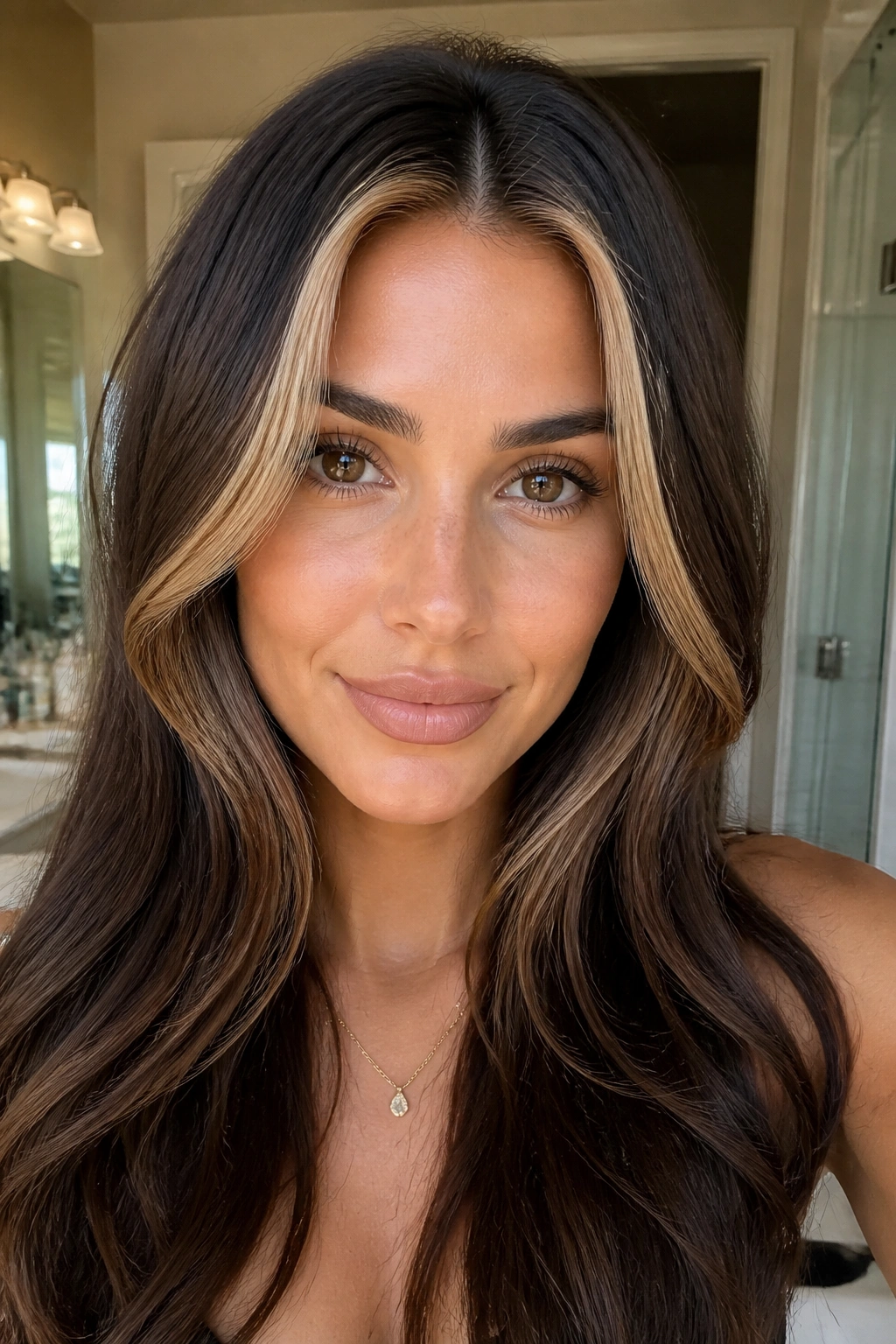 Close-up of hairline with bright caramel money piece framing the face