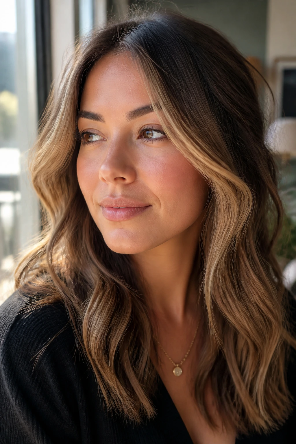 Close-up of a woman showing a soft caramel money piece framing the face.