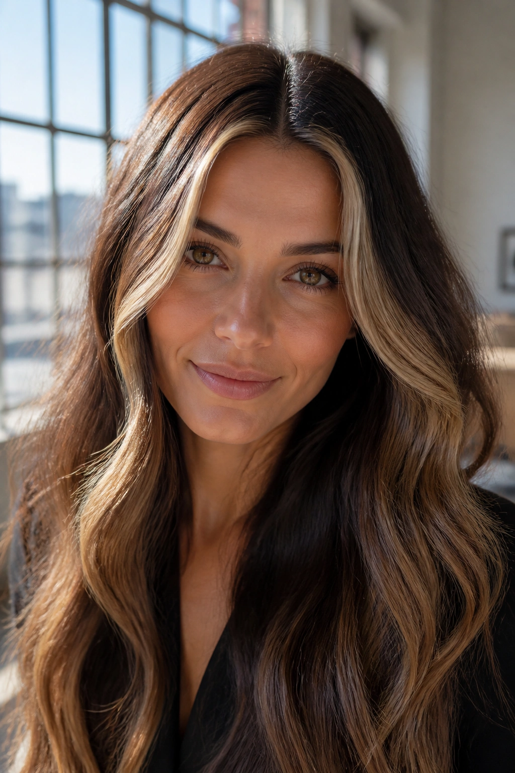 Portrait of a real woman with a center-part and bright caramel money pieces at the front