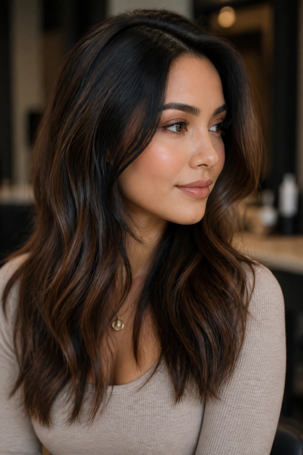 Portrait of a woman with a deep money piece framing the cheekbones with soft edges.