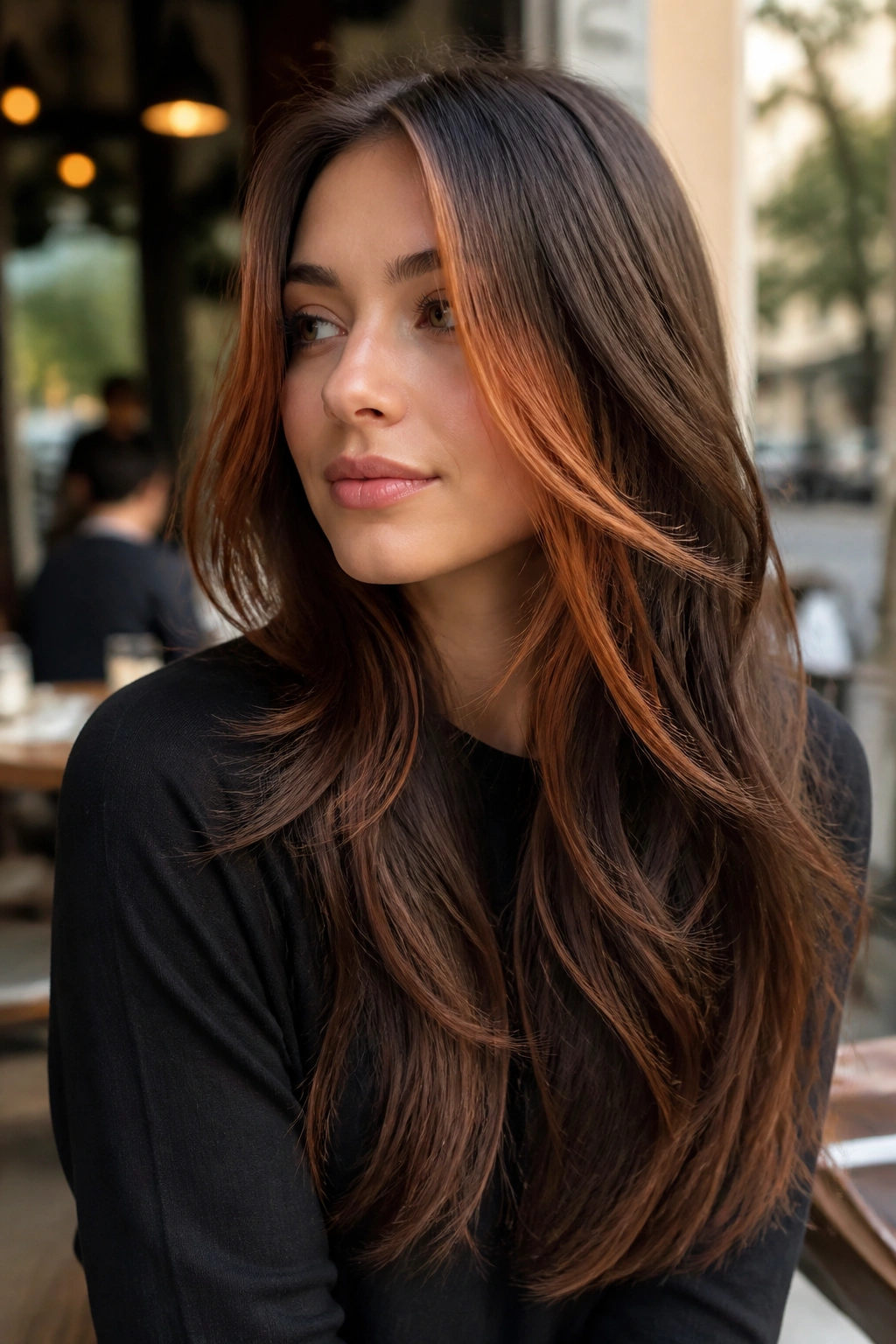 Close-up of a real woman showing face-framing copper money piece on long layered hair.