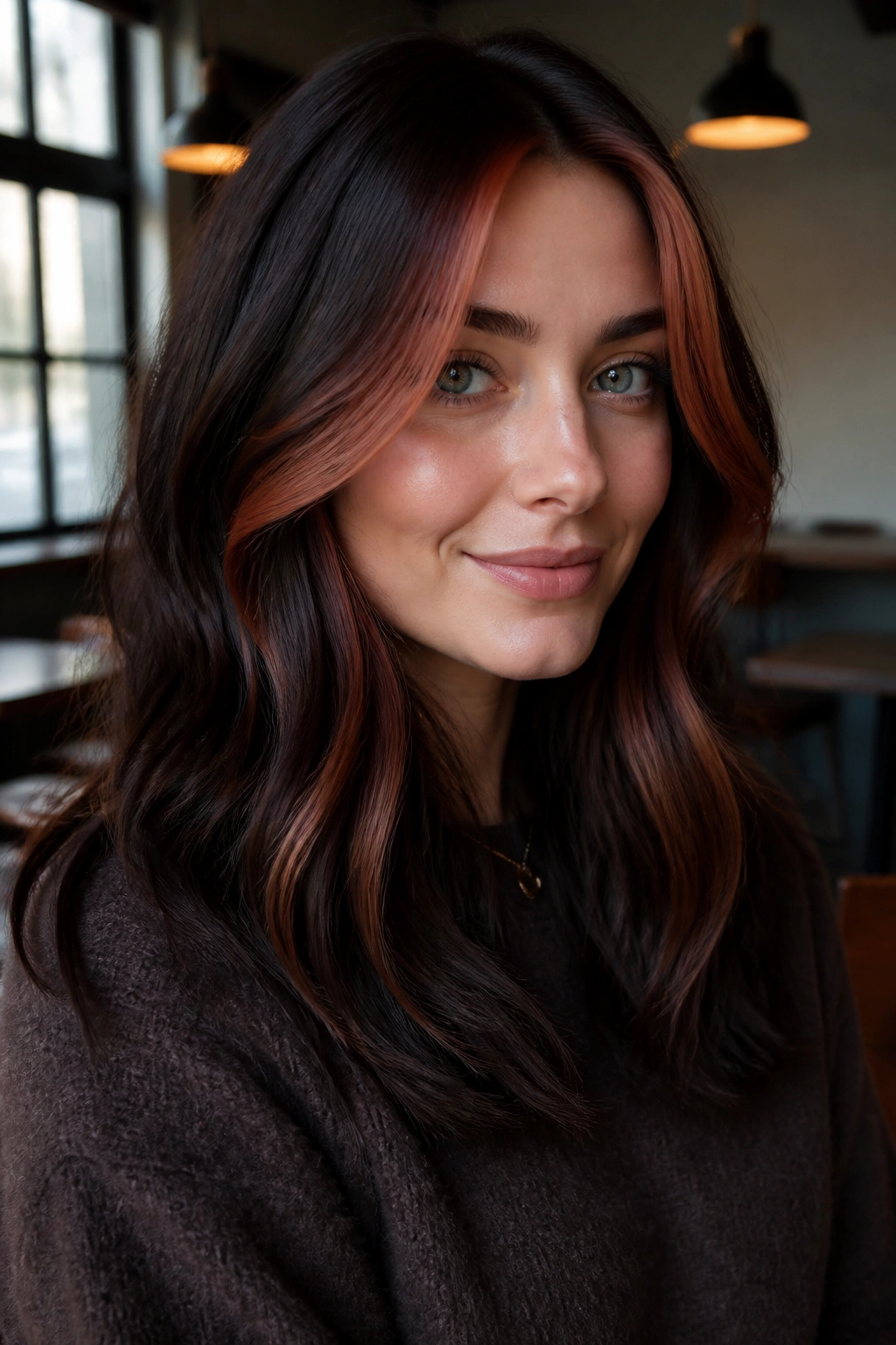 Face-framing copper money piece on espresso base hair color