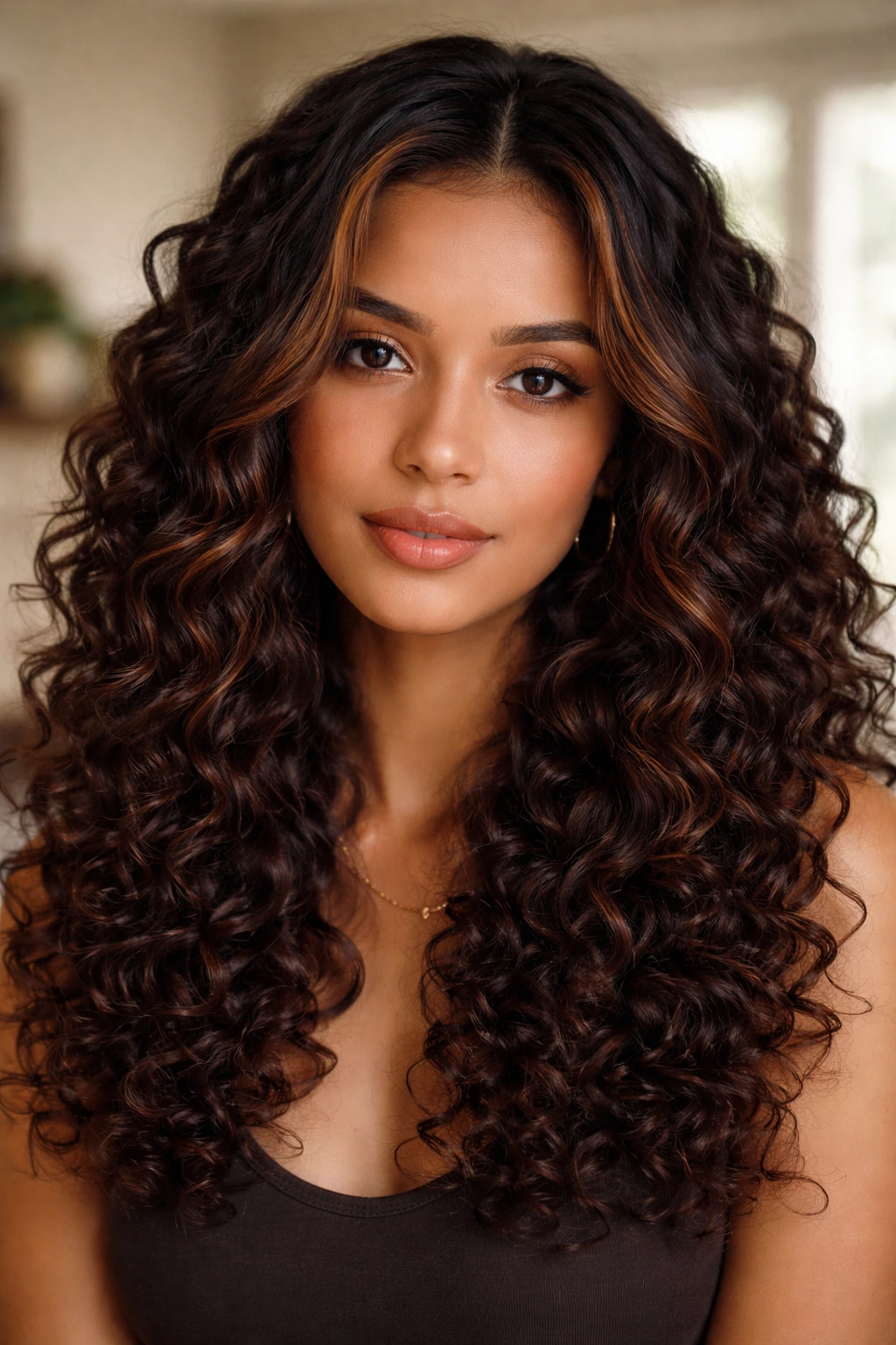 Close-up of a woman with chocolate base curls and lighter money-piece curls around the face.