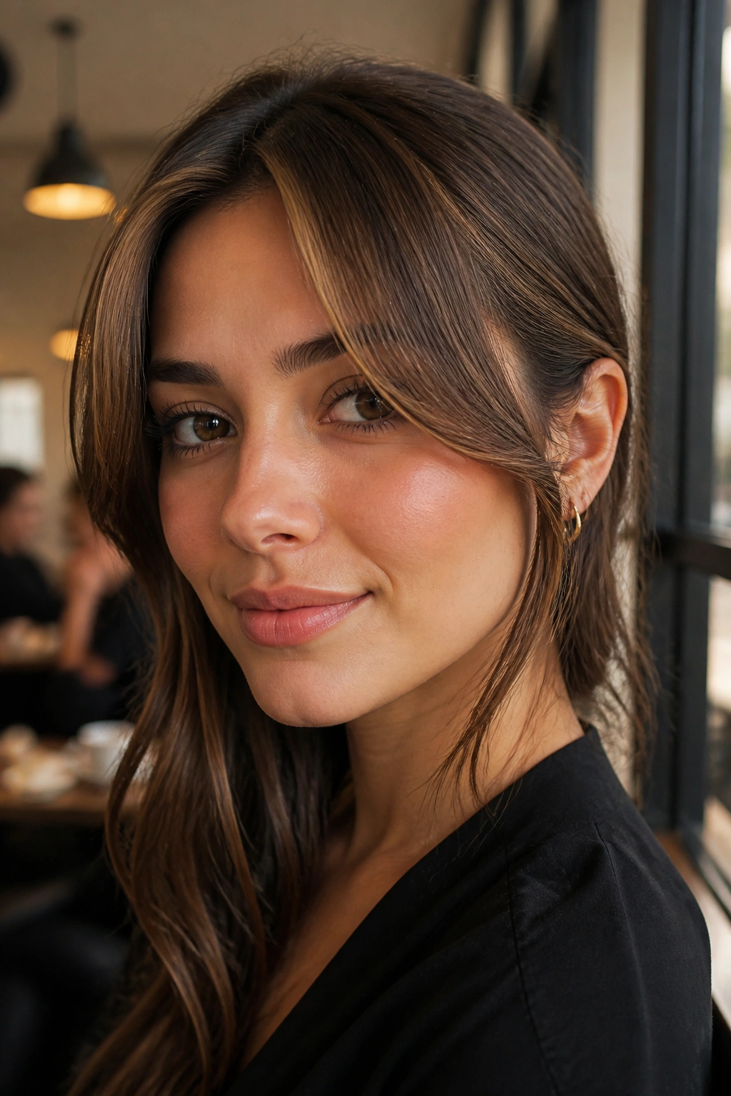 Real woman with chestnut brown hair and soft money-piece curtain bangs