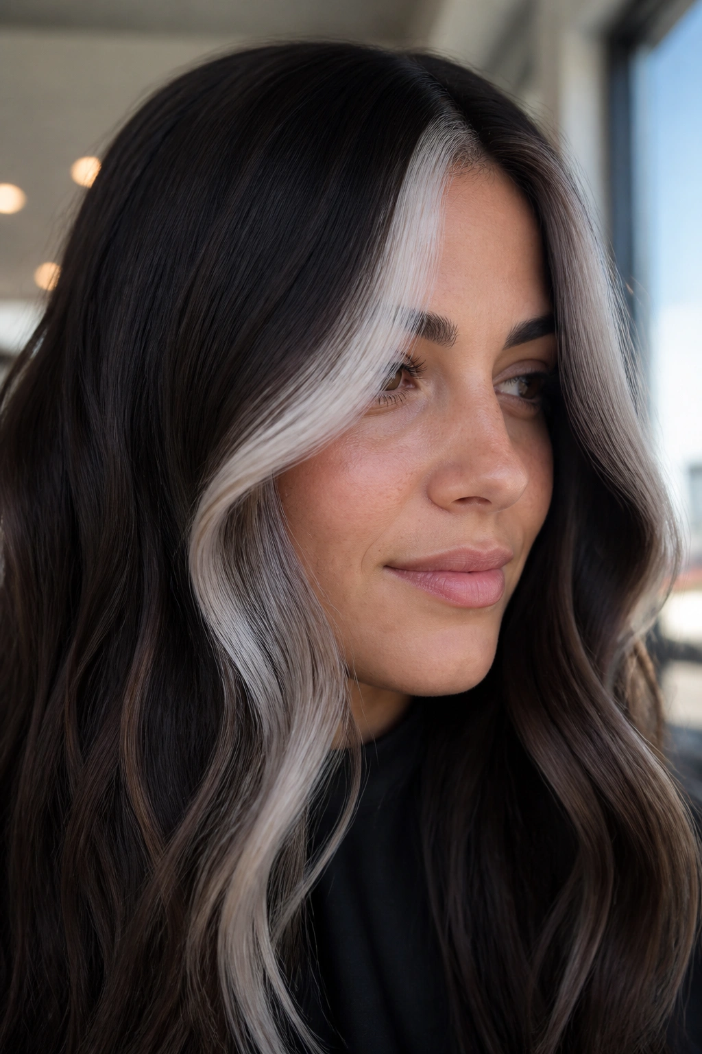 Front money piece on espresso brown hair creating a bright face-framing contrast