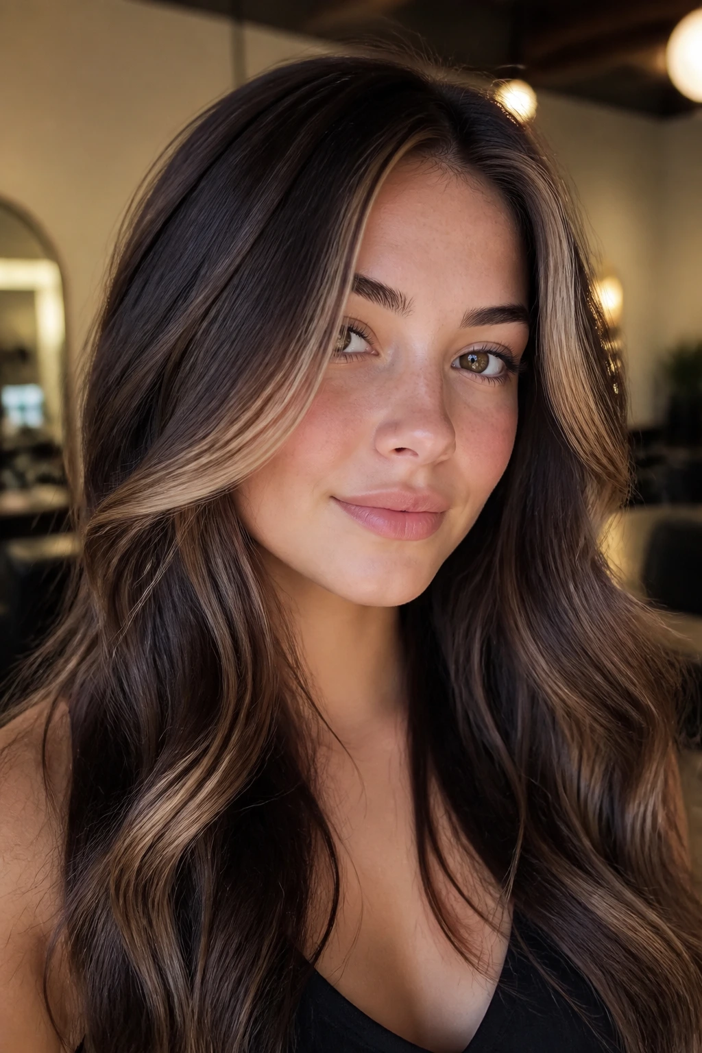 Close-up portrait of a real woman with a soft honey money piece on a cool brunette base