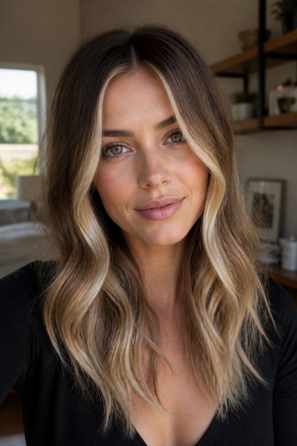 Close-up portrait of a real woman with a slim bright money piece framing her face and soft blended ends