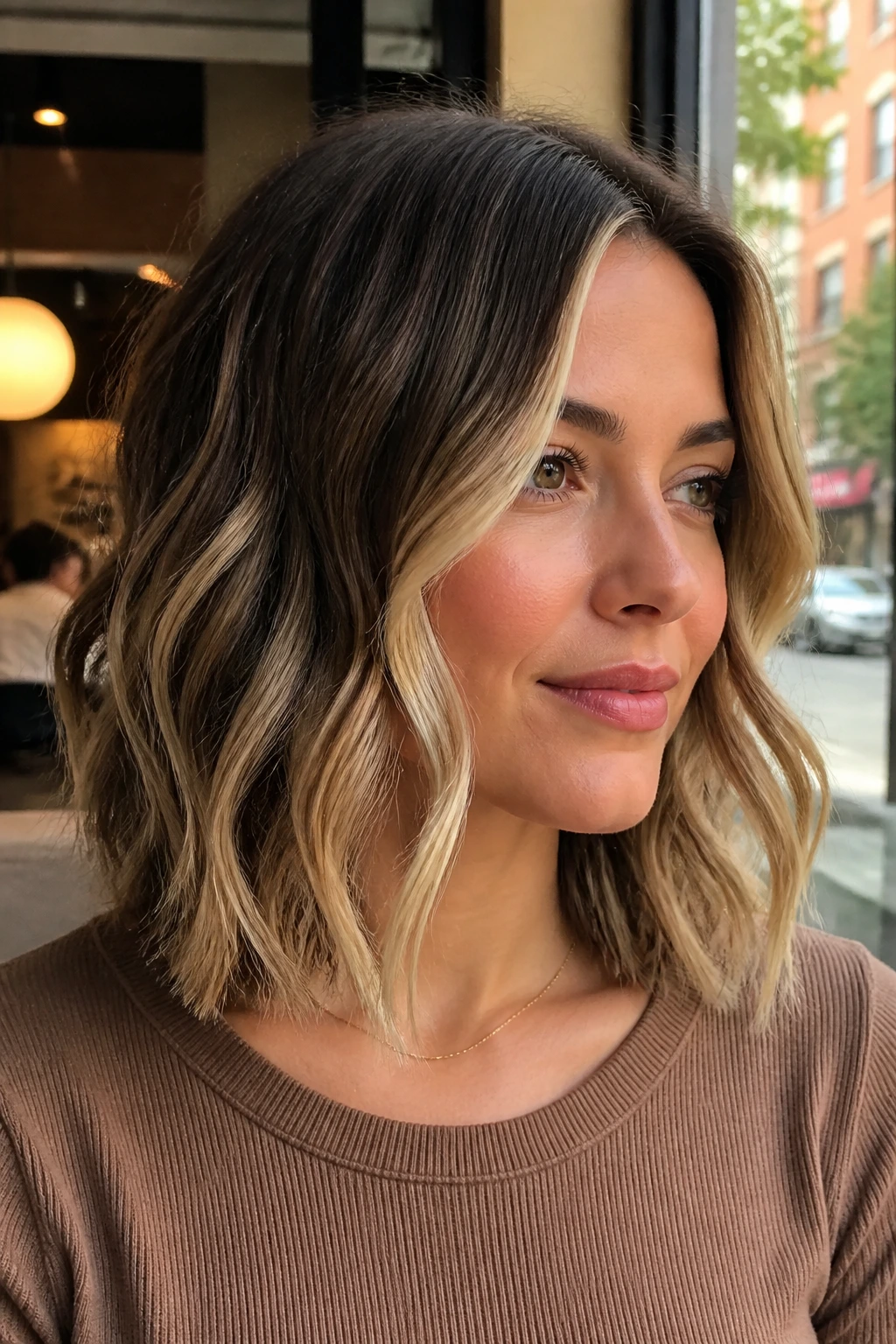 Close-up of a real woman with a highlighted money-piece wavy bob framing the face