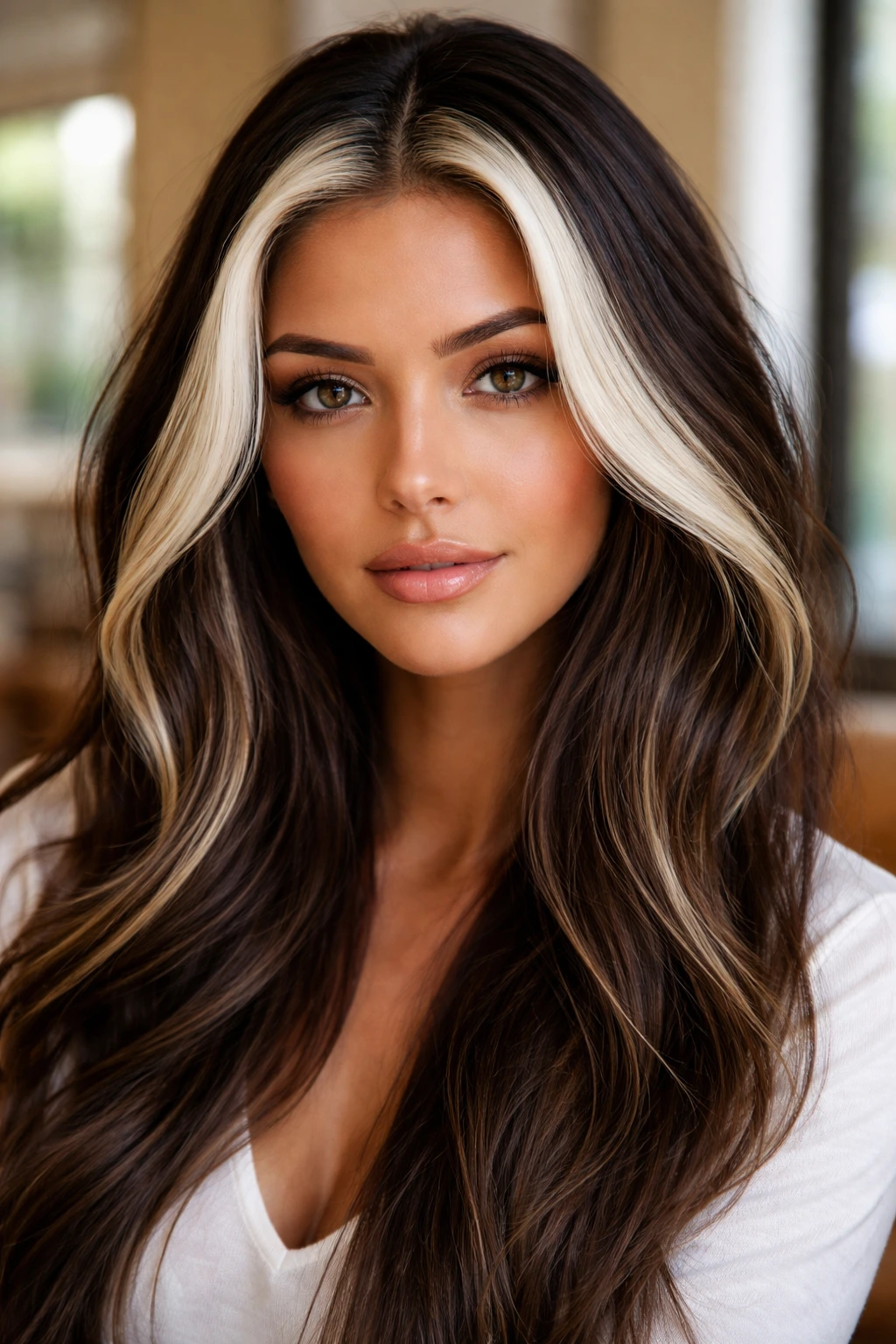 Close-up of a real woman with chunky money-piece highlights at the hairline against dark brown hair.
