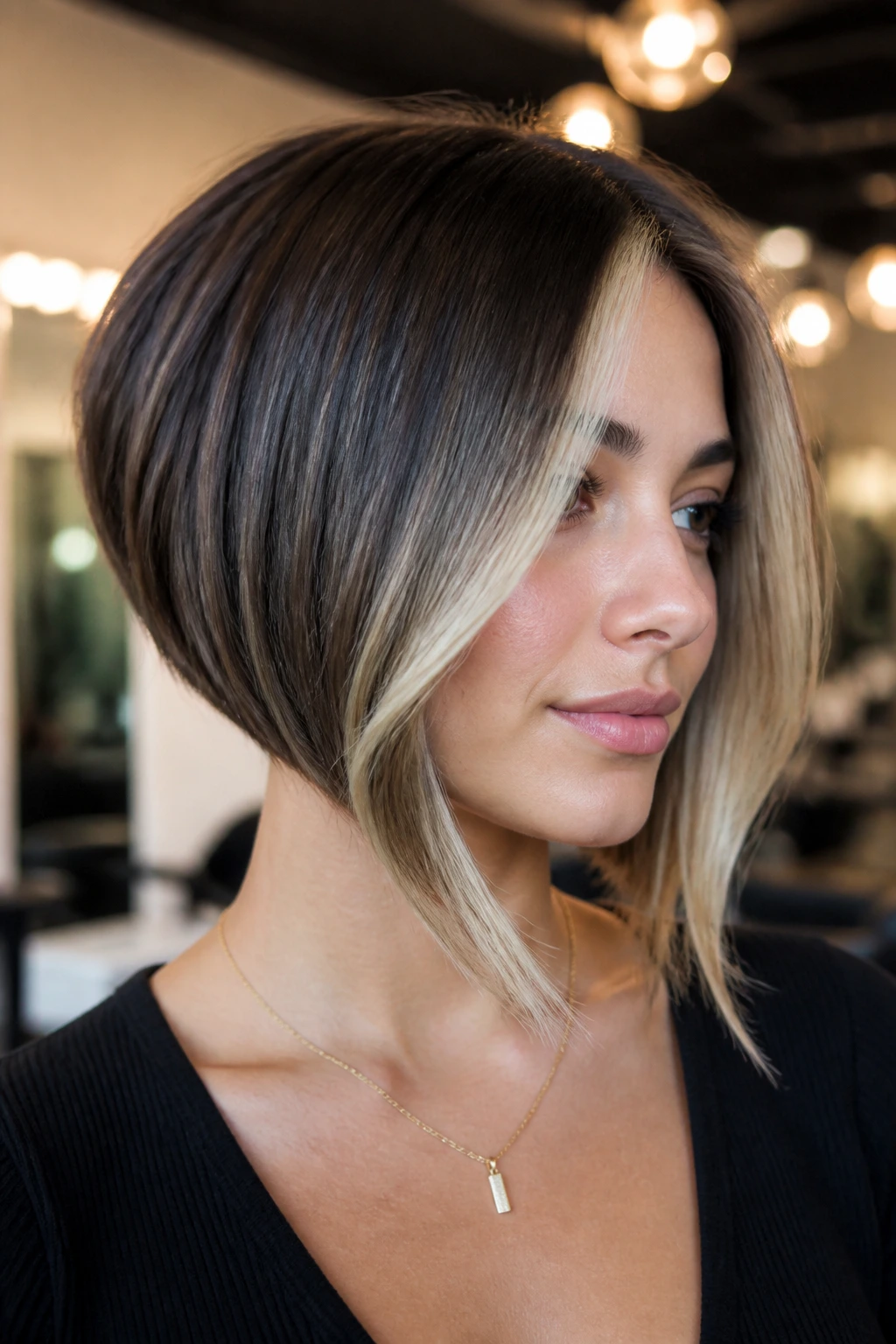 Portrait of a real woman with an inverted bob and money-piece highlights framing the face in a salon.