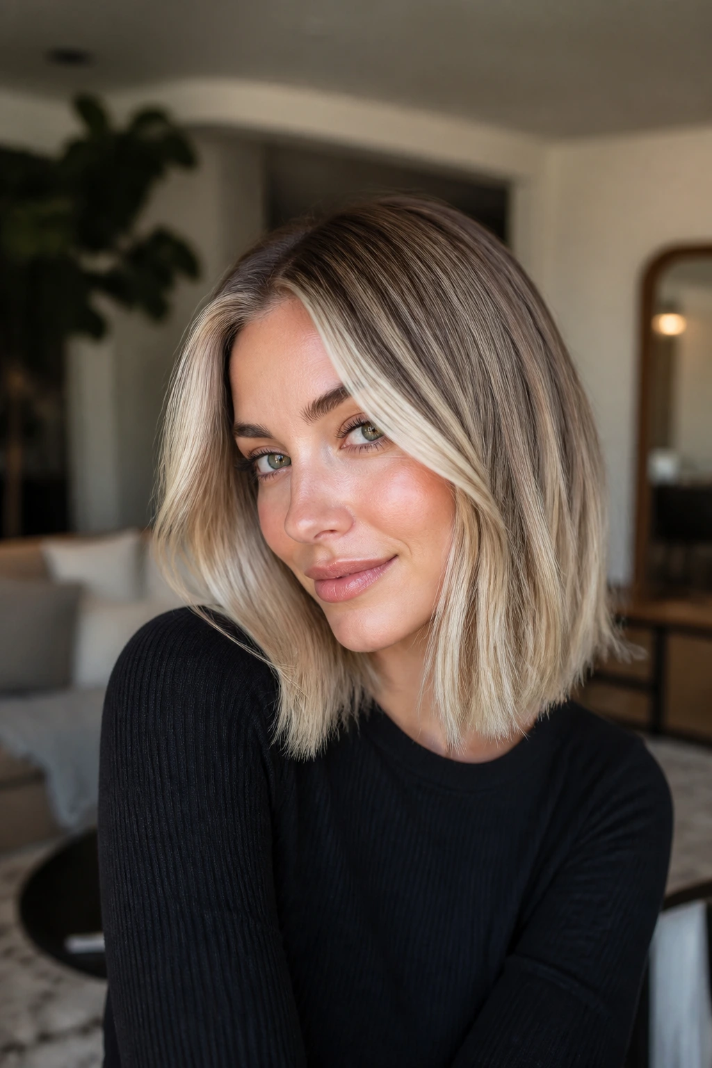 Portrait of a woman with a polished blonde money piece lob and bright front panel