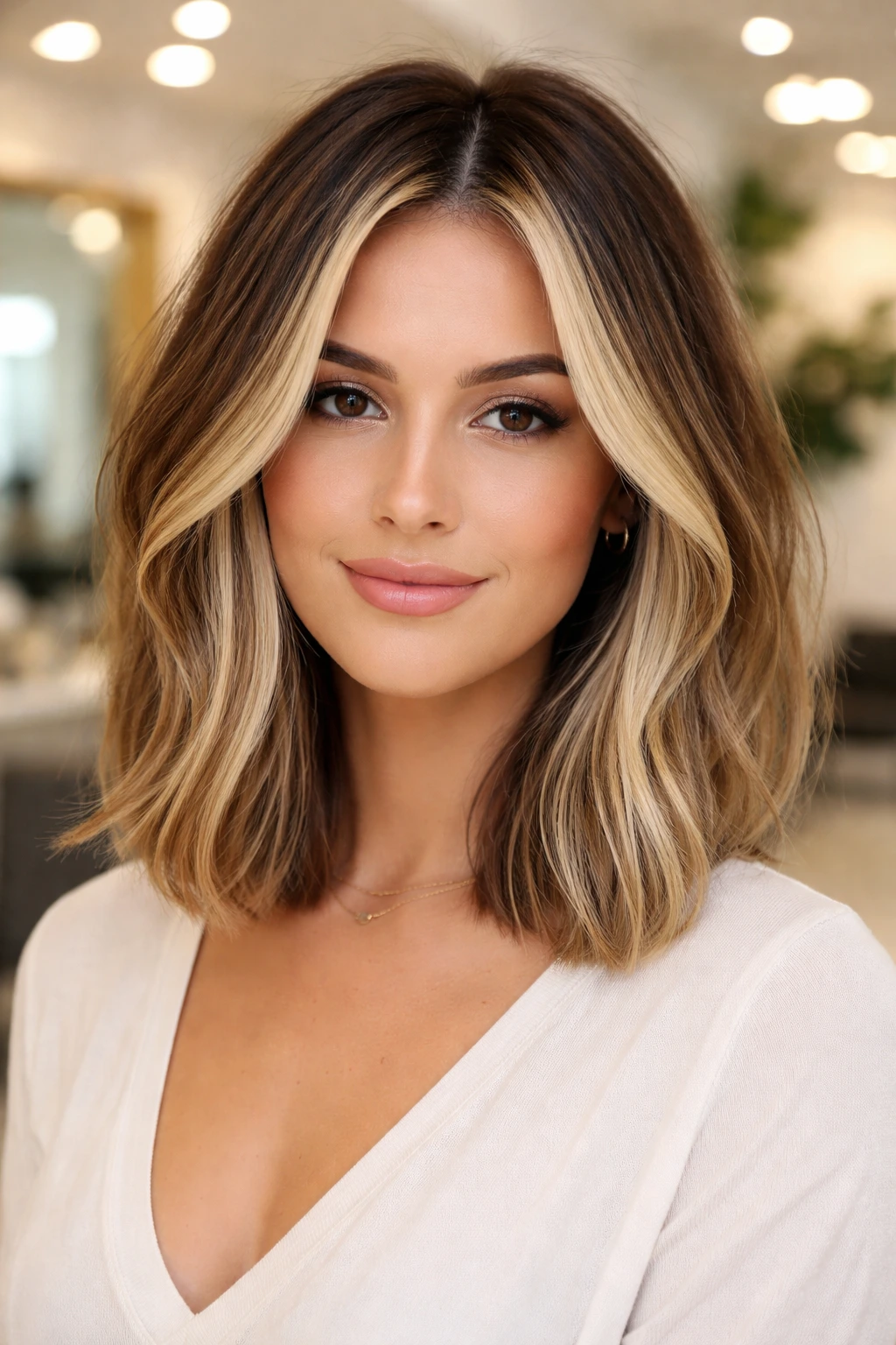 Close-up of money-piece enhanced lob with bright front highlights