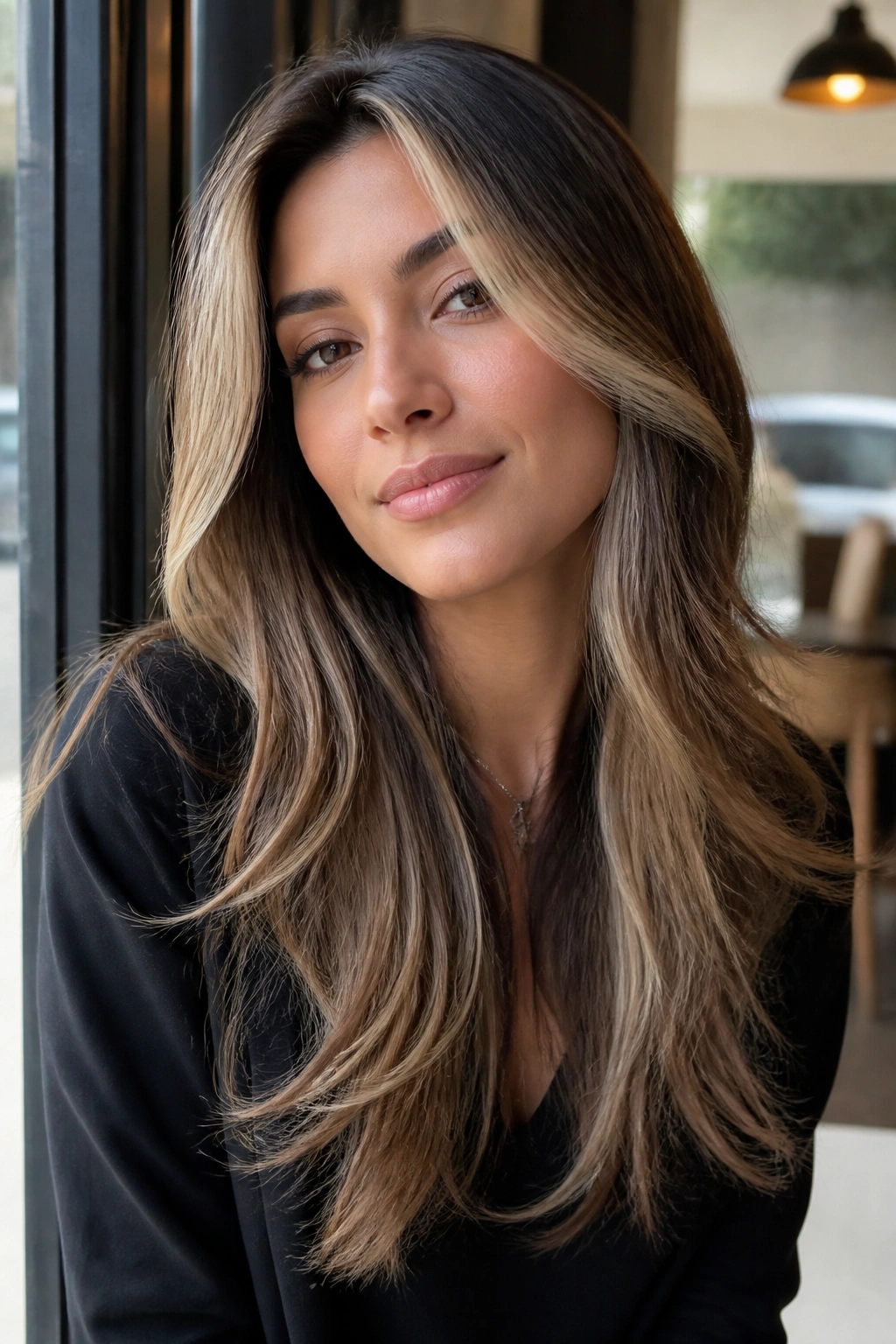 Portrait of woman with long layers and a bright money piece framing the face.
